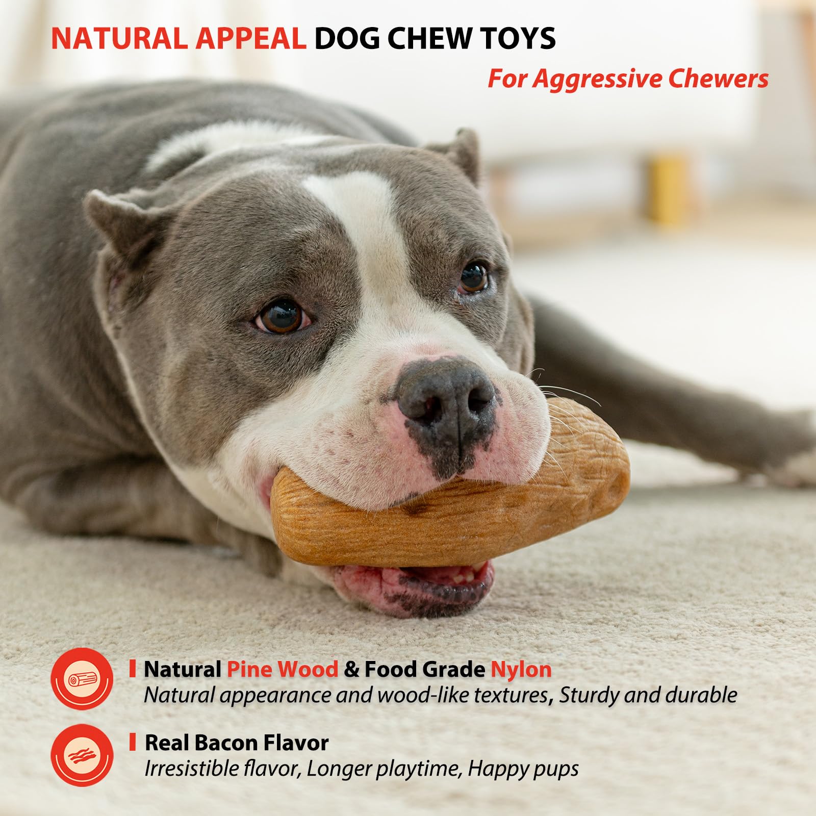 Willjoy 2-Pack Tough Dog Toys for Aggressive Chewers, Pine Wood and Nylon Dog Chew Toys, Aggressive Chew Toys for Large Dogs, Ba