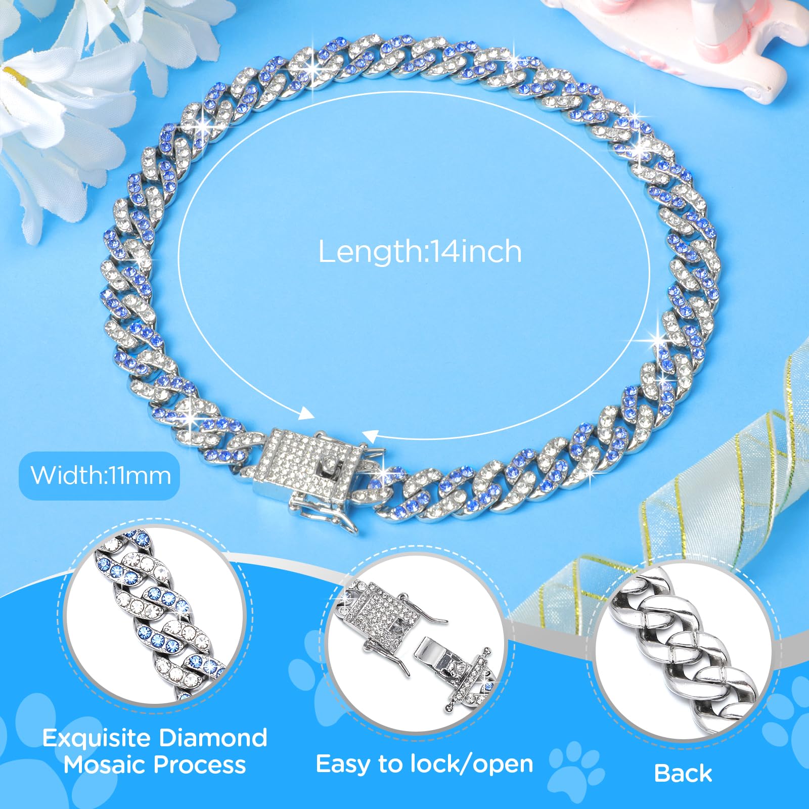 14Inch Glitter Dog Chain Collar Blue Silver Diamond Dog Collars Cuban Dog Chains Necklace Puppy Pet Metal Link Chain With Buckle Christmas Pet Jewelry Accessories Chain For Small Medium Dogs Cats