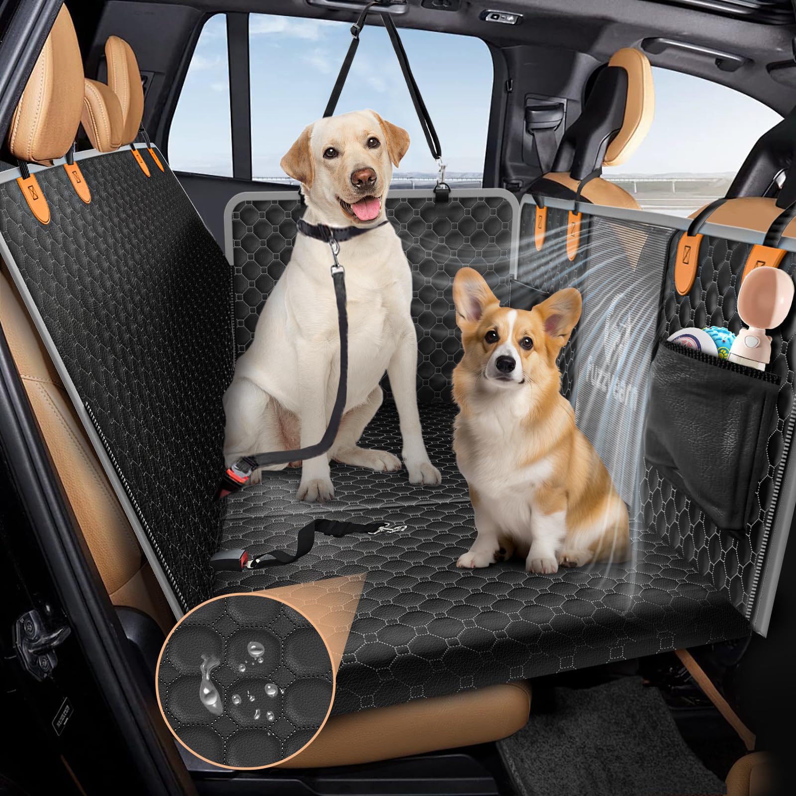 Fuzzyearn Leather Back Seat Extender For Dogs, Scratchproof And Waterproof Car Seat Cover With Hard Bottom(Holds 400Lbs),Dog Ham