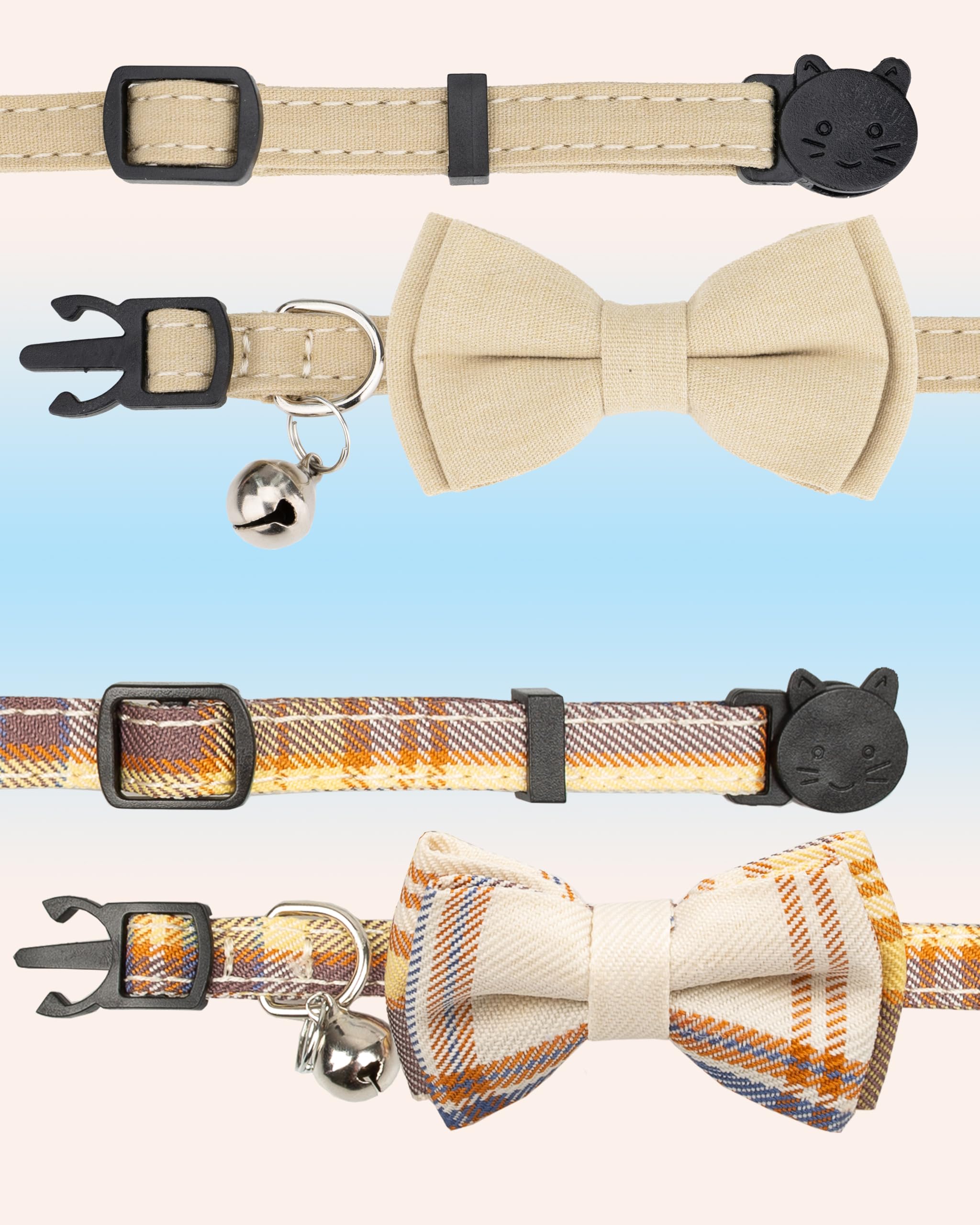 Gyapet Cat Collar Breakaway Bowtie Safety With Bell Adjustbale Kitten Puppy Solid Plaid Color Set D-[2Pcs] Beige