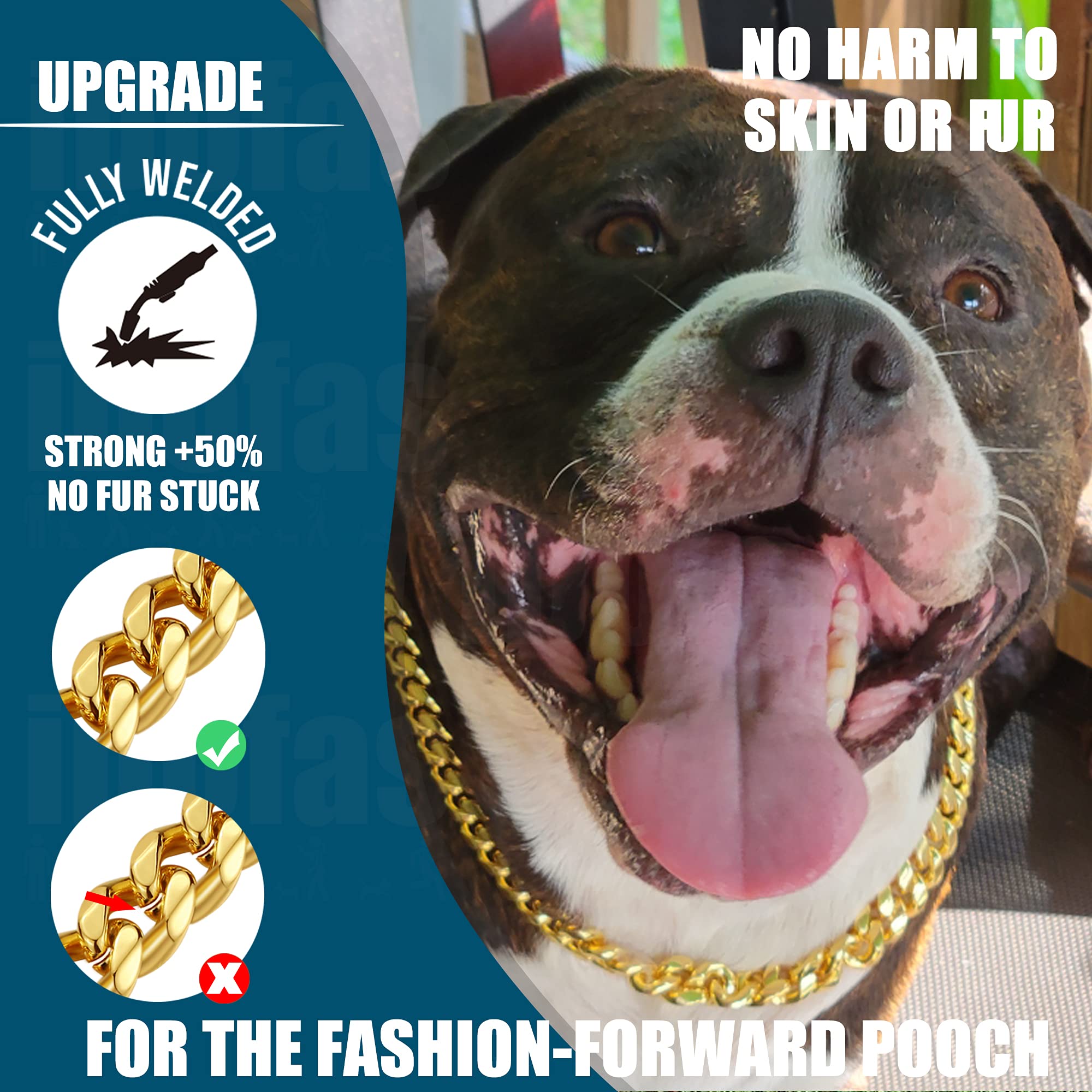 Idofas Gold Dog Collar 10Mm Slip Collar Gold Cuban Link Dog Chain Collars Stainless Steel Heavy Duty Gold Collar For Dogs.(14'')