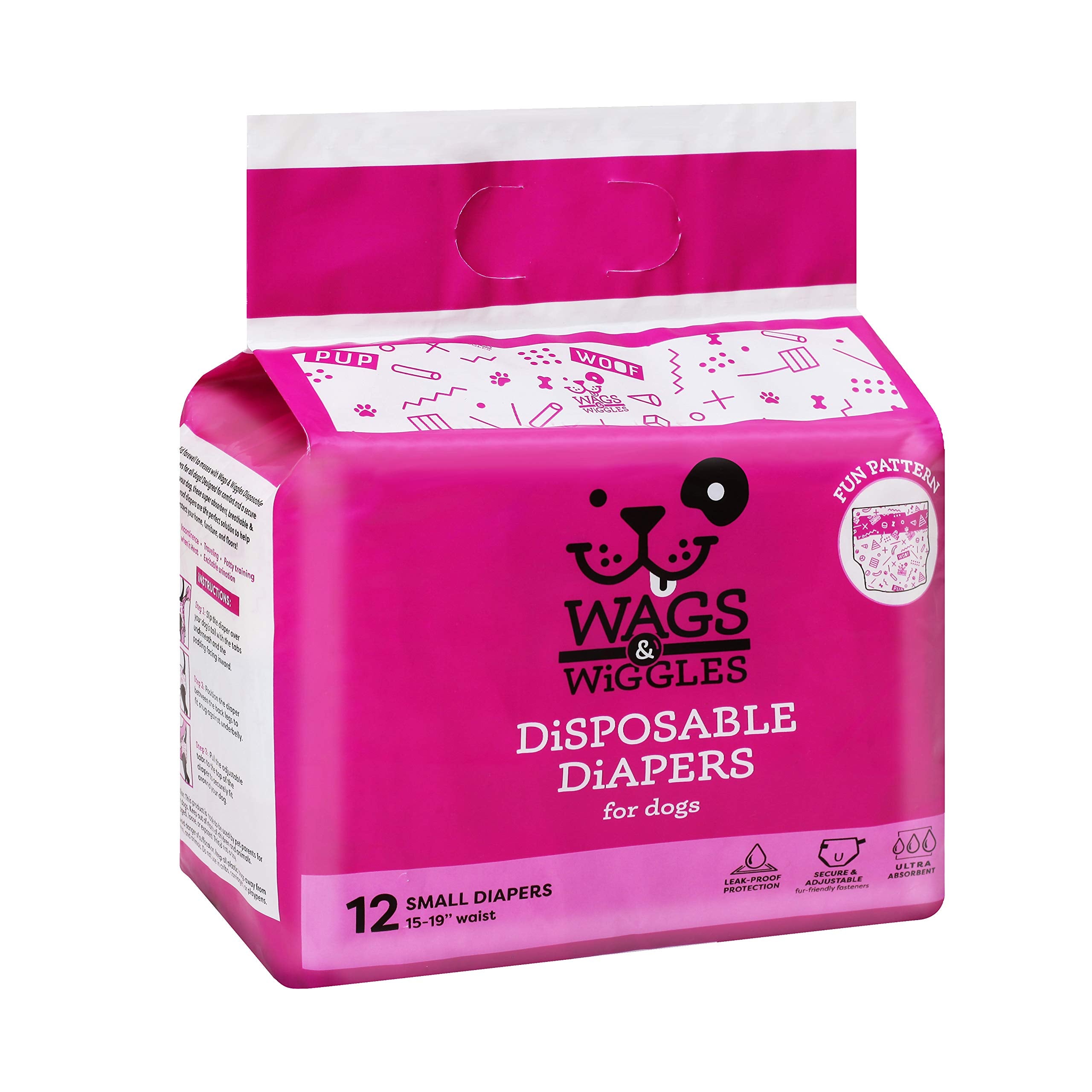 Wags & Wiggles Female Dog Diapers | Doggie Diapers For Female Dogs | Small Dog Diapers, 15''-19'' Waist - 12 Pack | Disposable D