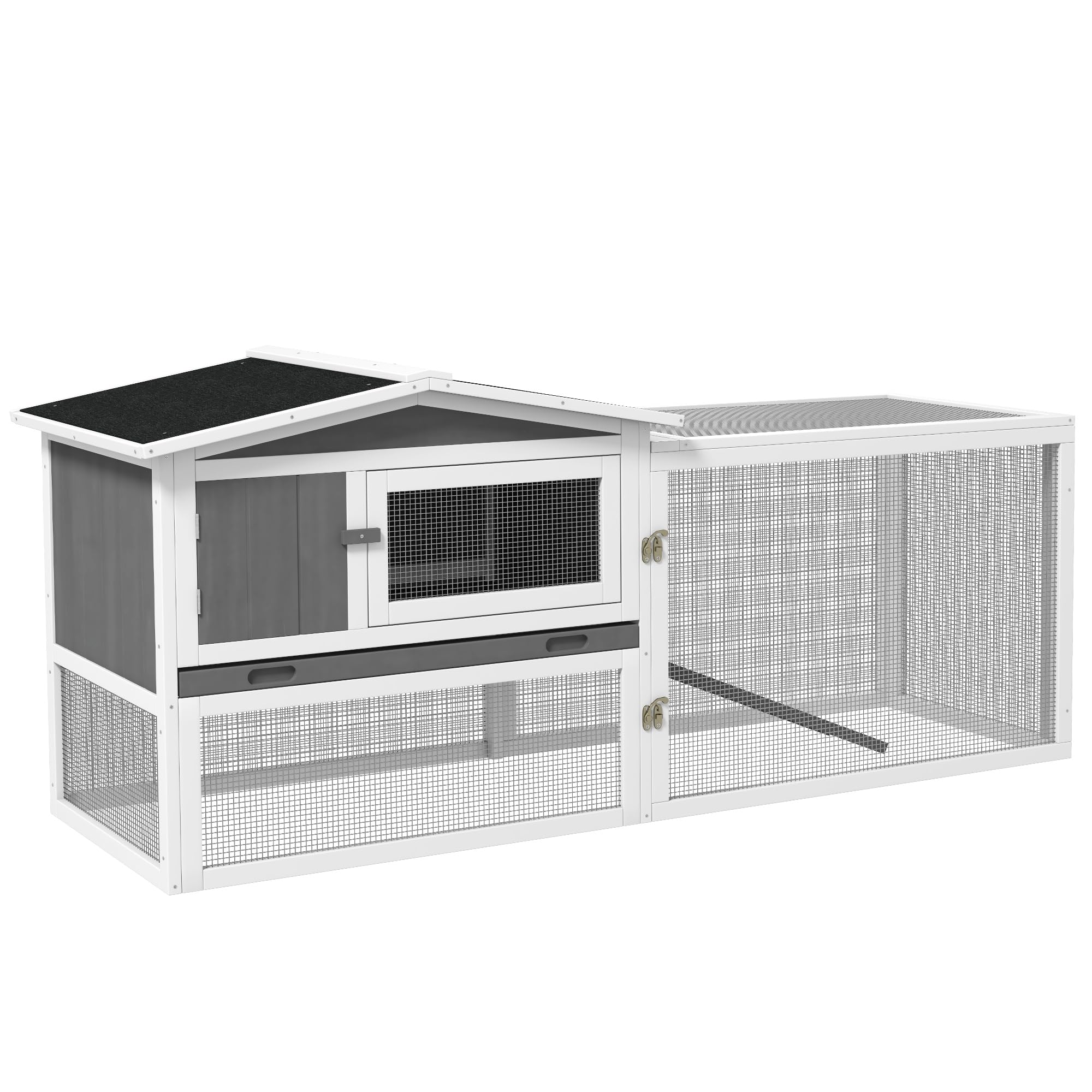 Pawhut Rabbit Hutch 2-Story Bunny Cage Small Animal House With Slide Out Tray, Detachable Run, For Indoor Outdoor, 61.5' X 23' X 27', Light Gray