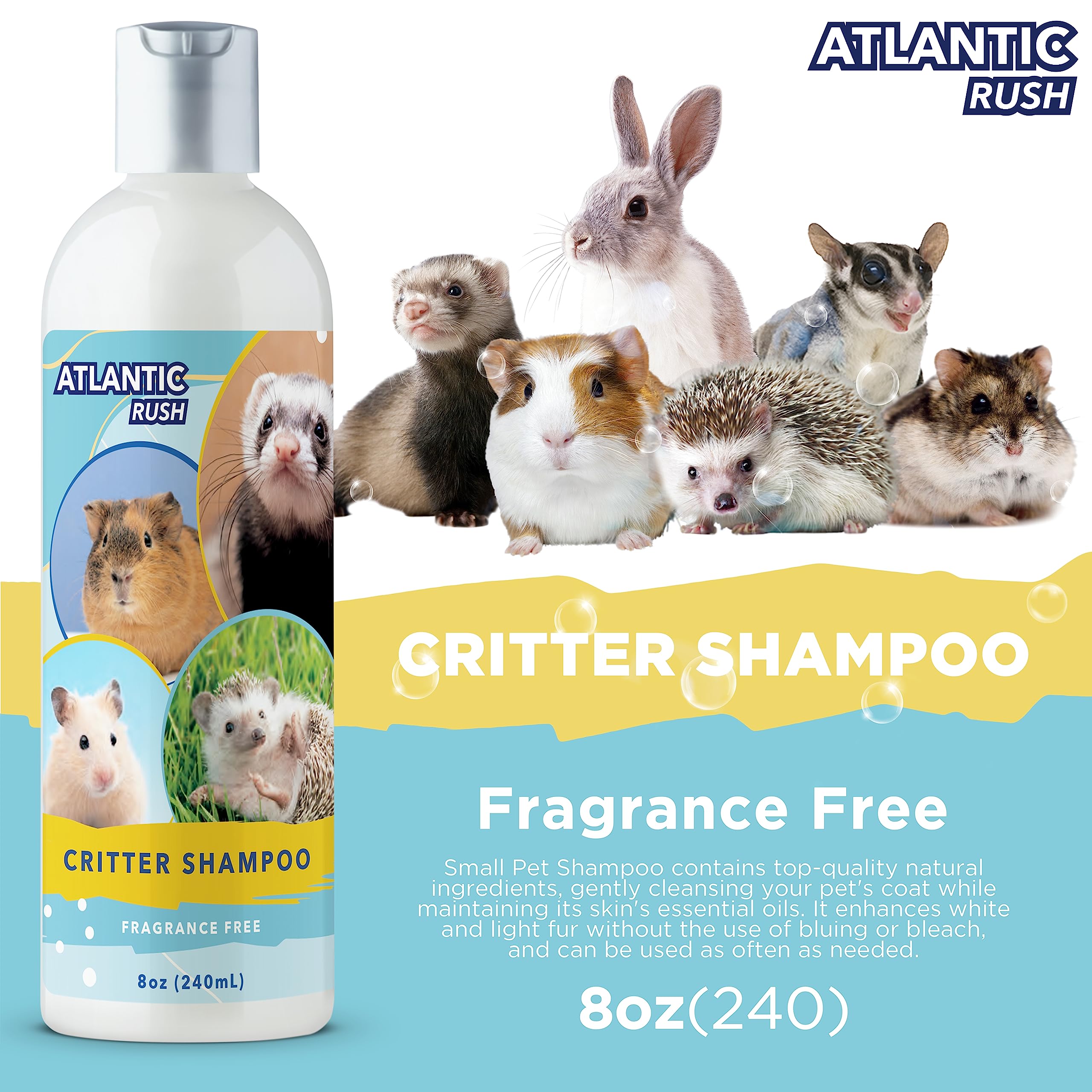 Atlantic Rush Critter Shampoo for Small Pets - 8 oz Fragrance-Free & Sensitive Skin Formula for Ferrets, Guinea Pigs, Rabbits & More