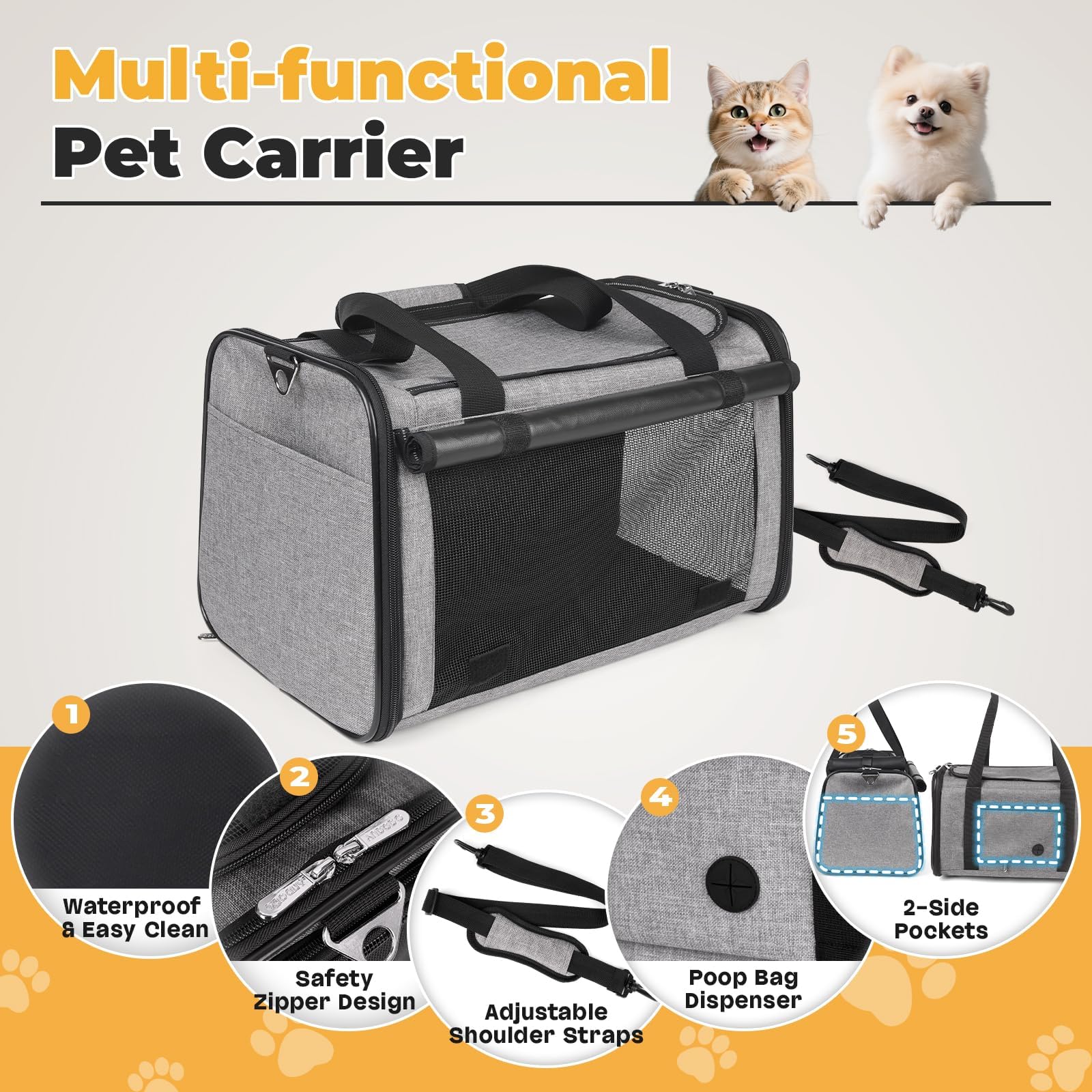 Yudodo 25 Lbs Lightproof Pet Carriers Airline Approved Dog Cat Travel Soft Sided Carrier Reflective Mesh Safe Pet Cat Carrier Foldable Portable Small Animal Rabbit Puppy Cat Carrier Grey