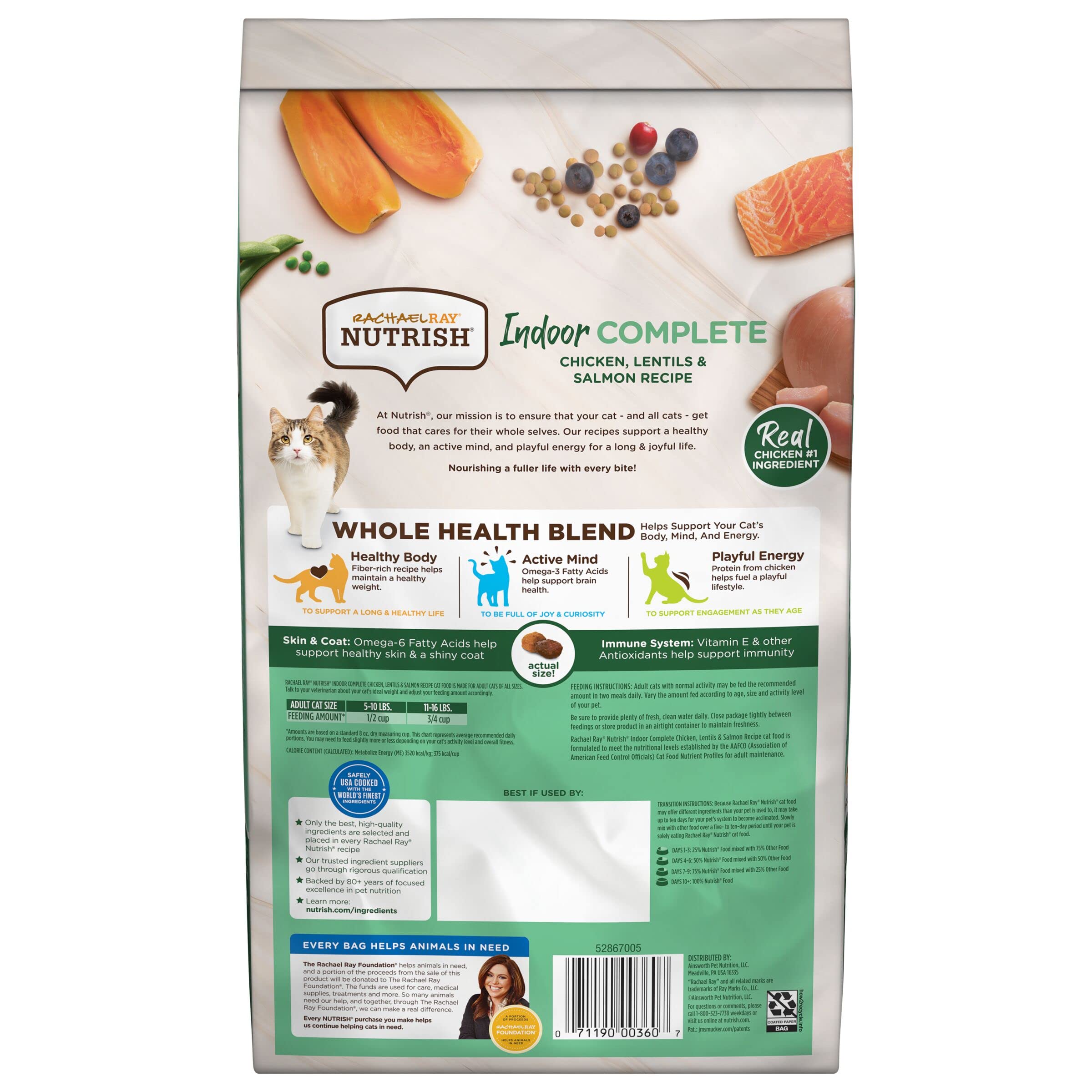 Rachael Ray Nutrish Indoor Complete Premium Natural Dry Cat Food, Chicken with Lentils & Salmon Recipe, 3 Pound Bag