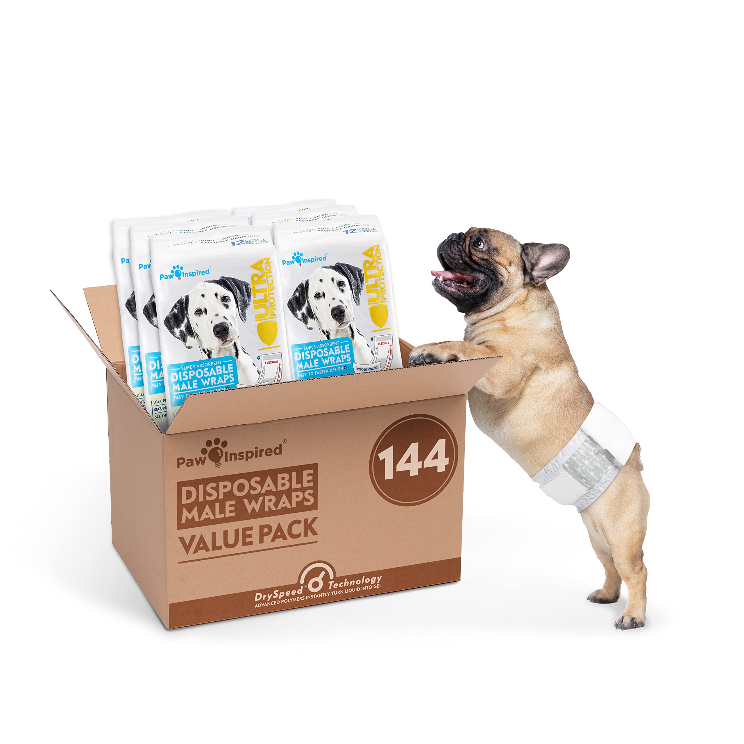 Paw Inspired Disposable Male Dog Wraps, Belly Band for Dogs | Disposable Dog Diapers | Belly Bands for Male Dogs (144 Count, Lar