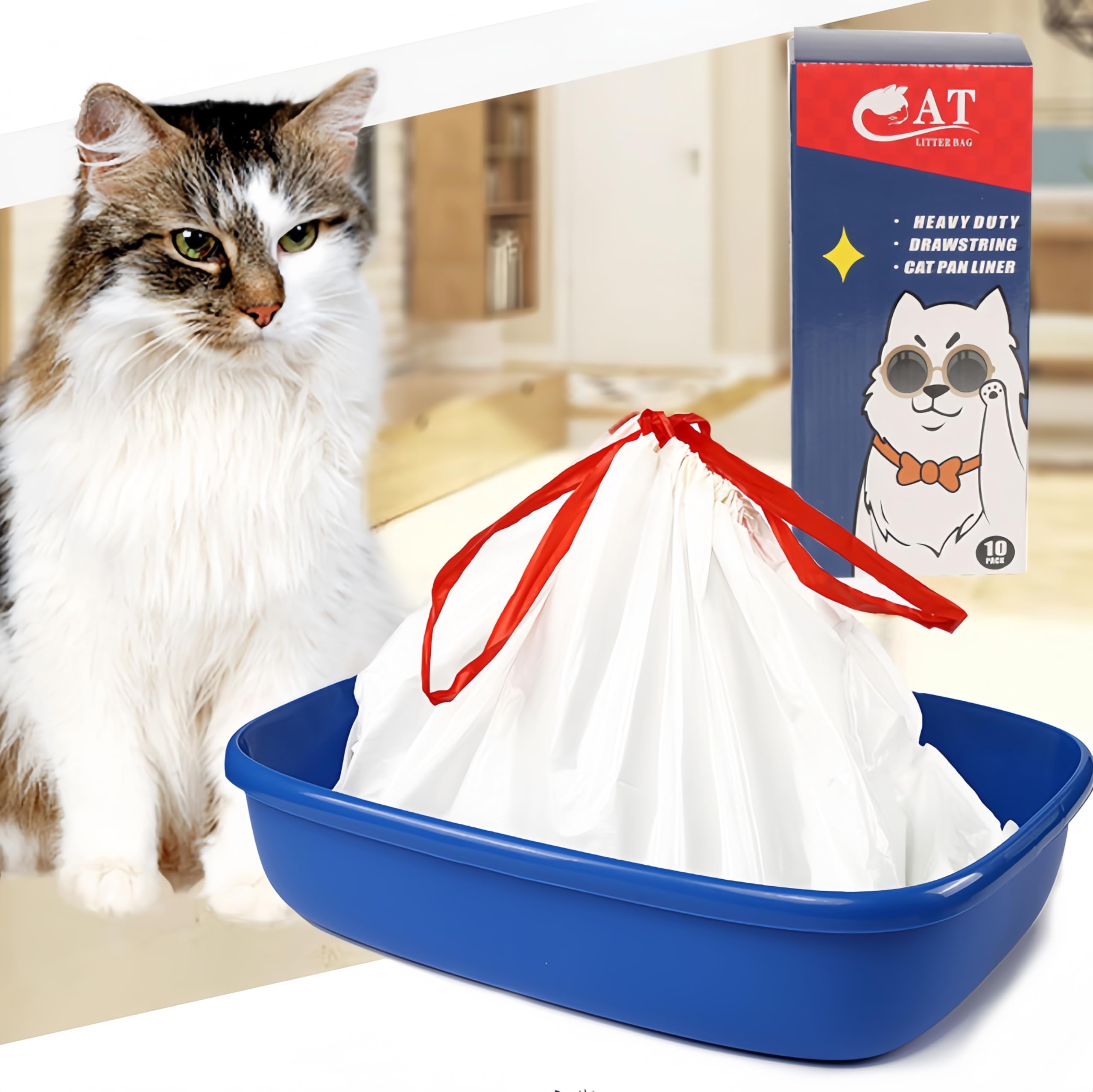 Home Wing 10 Count Litter Box Liners Jumbo, Heavy Duty Cat Litter Box Liners: Tear Free&Pull-Out, Leak Resistant - Drawstring Cl