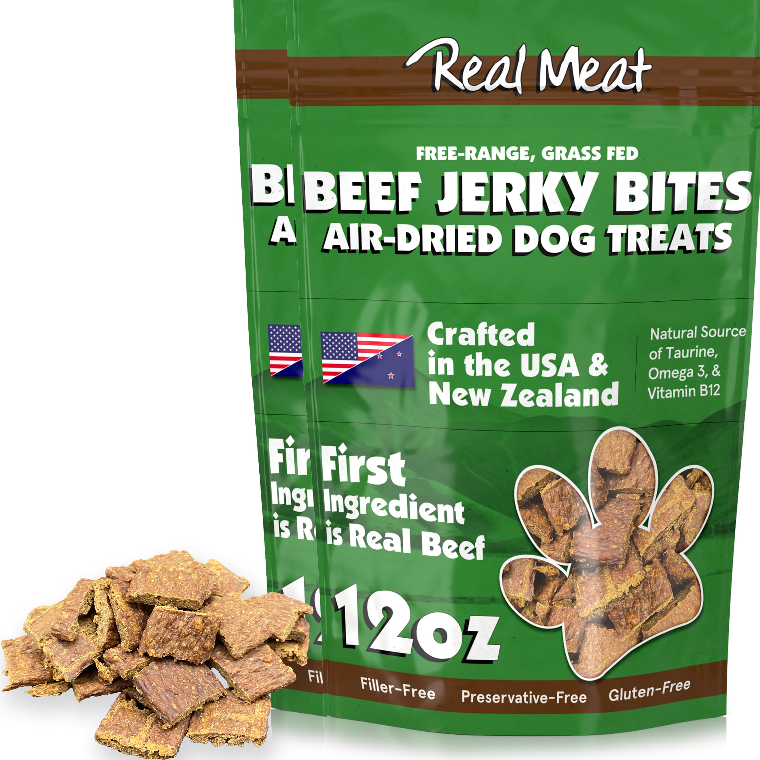 Real Meat Dog Treats - Two 12oz Bag of Bite-Sized Air-Dried Beef Jerky for Dogs - Grain-Free Jerky Treats with 95% Free-Range, G