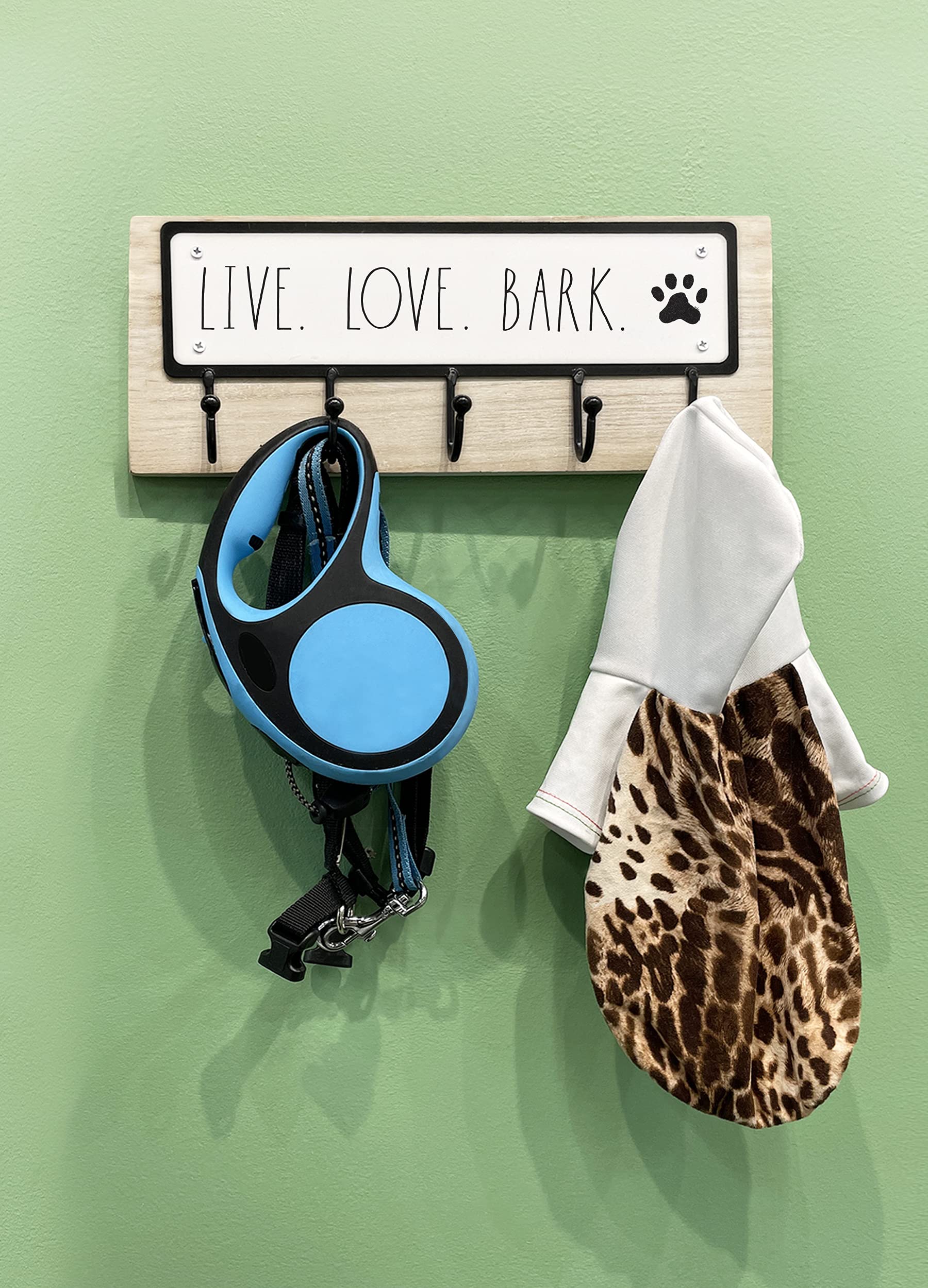 Rae Dunn Dog Leash Holder - Light Wood Wall Mount Hook with Paw Print Design for Pet Items, Keys, Collars, and Leashes