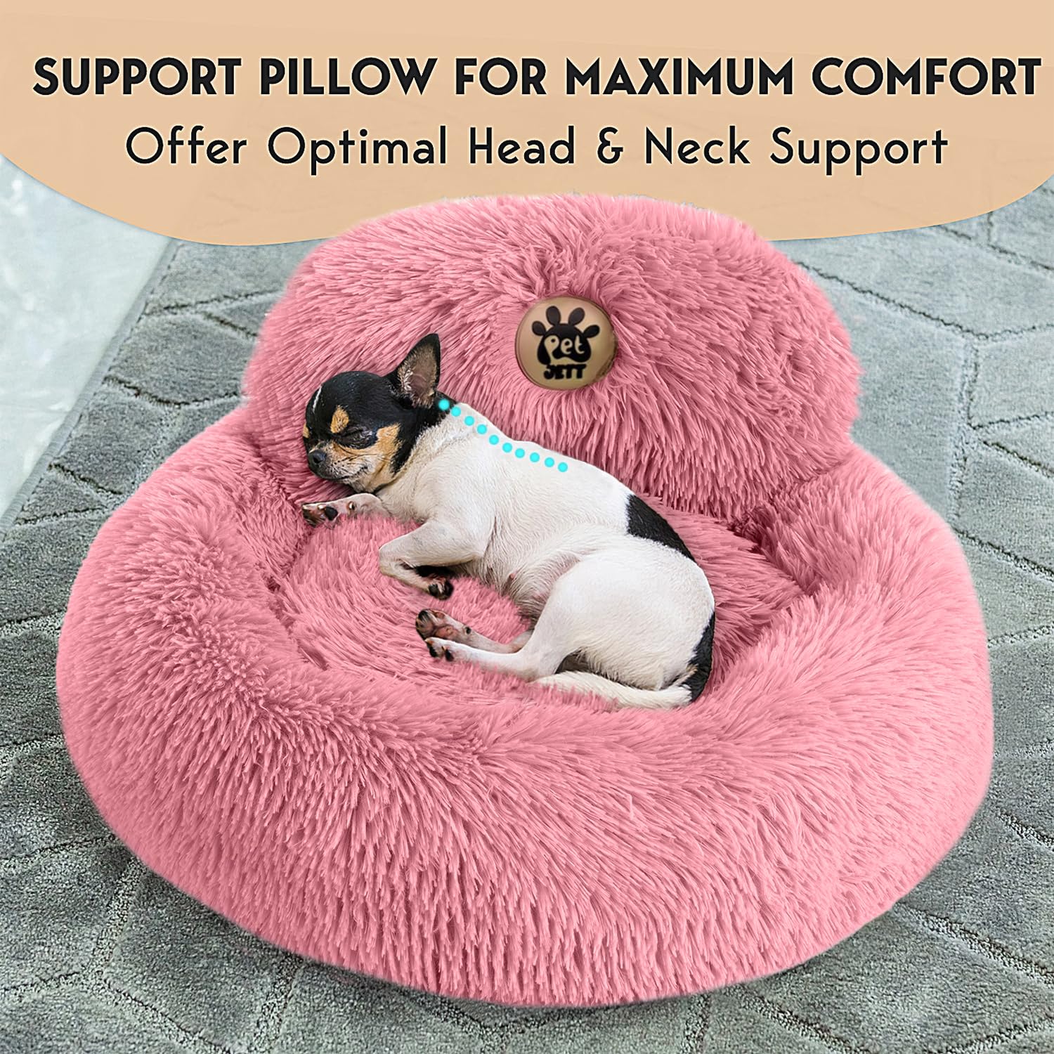 PetJett Calming Dog Bed for Small Dogs - 23 Donut Dog Beds, Anti-Slip & Washable Fluffy Plush Faux Fur Pet Bed, Anti-Anxiety Pre