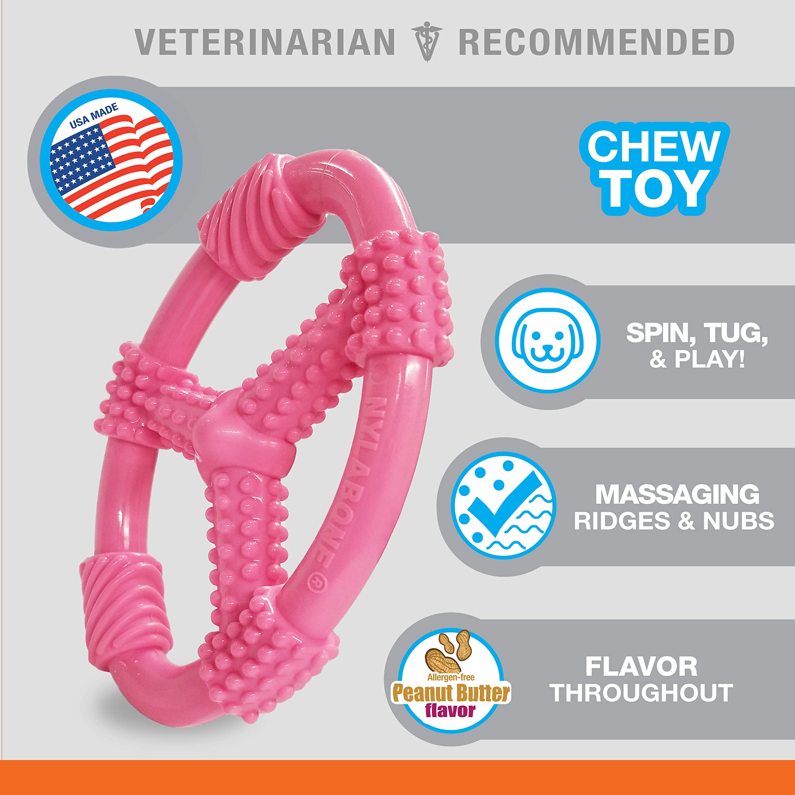 Nylabone Puppy Chew Spin Tug & Play Toy, Medium/Wolf, Pink, Model NPPR601PX, Peanut Butter Flavor