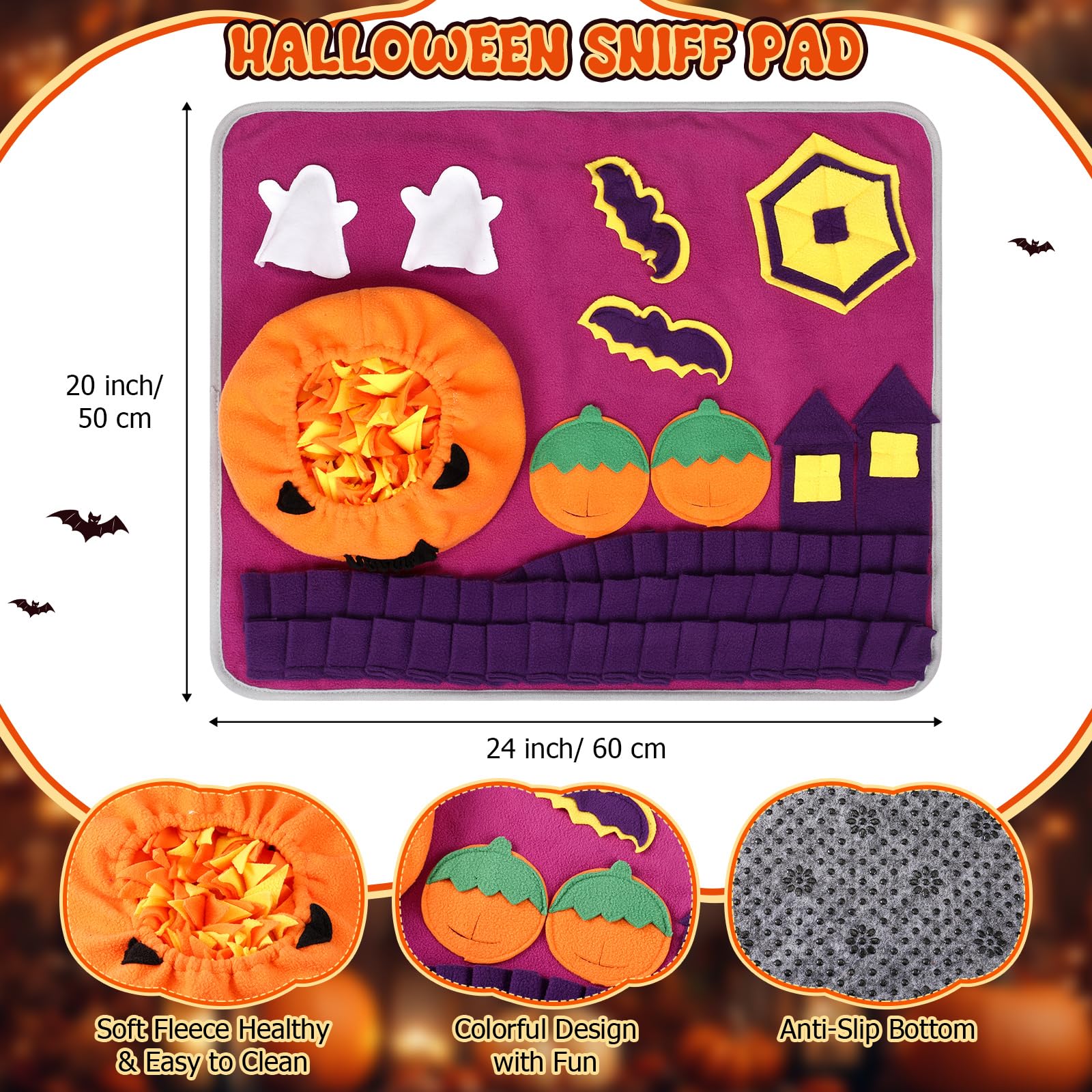Skylety Halloween Snuffle Mat for Dogs Pumpkin Squeaky Plush Dog Toys Witch Bat Feeding Mat Hide Seek for Small to Large Dogs In