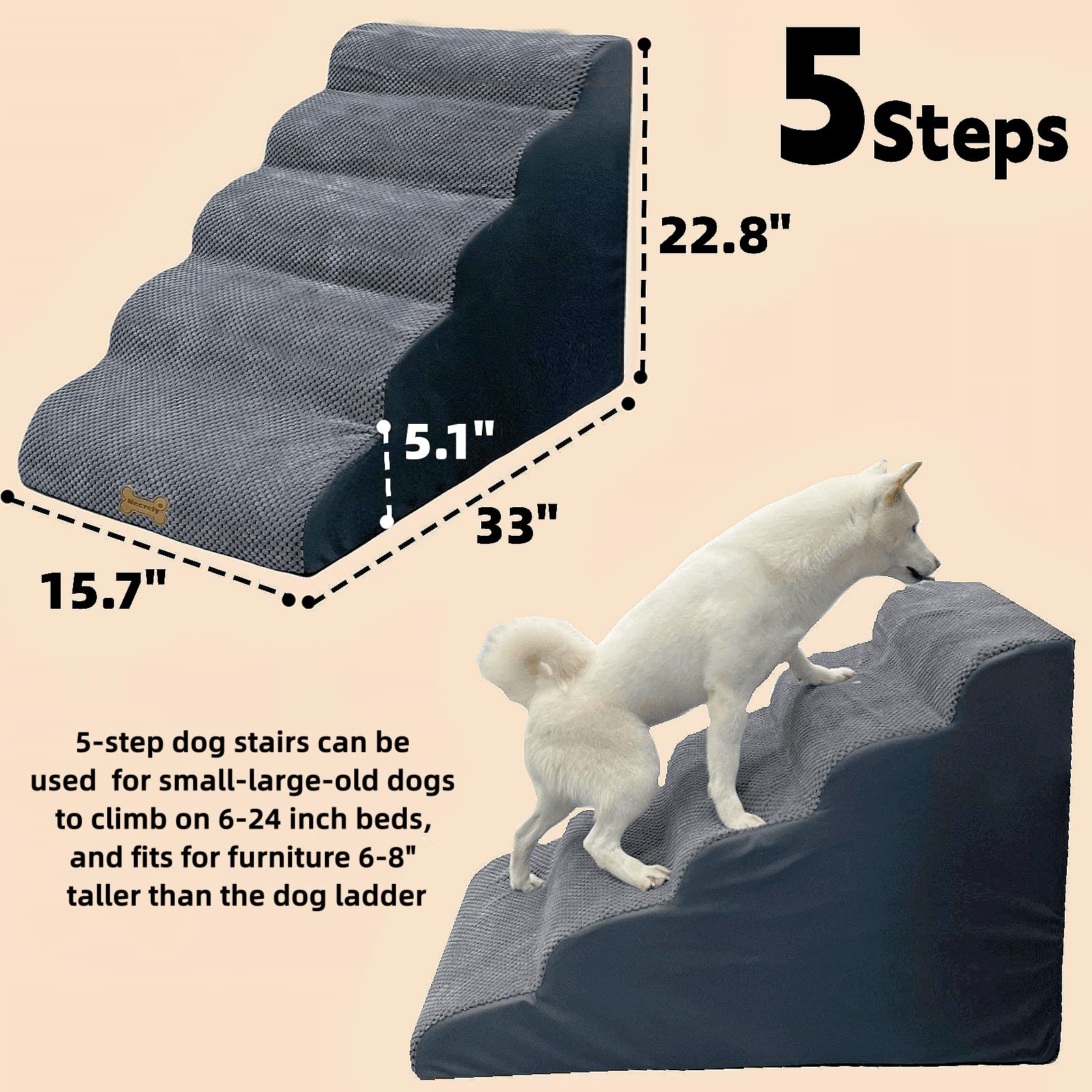 5-Step Dog Stairs for 30 Inch High Beds & 20-30 Inch Couch Bed, Non-Slip Balanced Indoor Pet Ramp Stairs for Small Old Large Dog