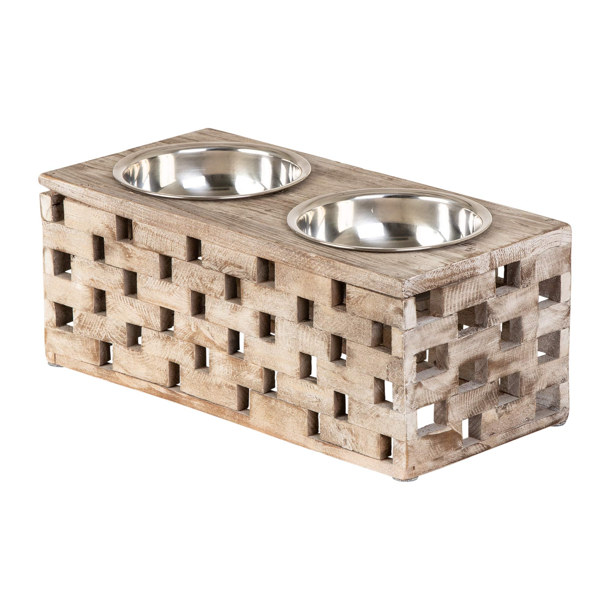 Huntley Pet Elevated Dog & Cat Double Bowl Feeder Stainless Steel Bowls (Berjen Block, Large)