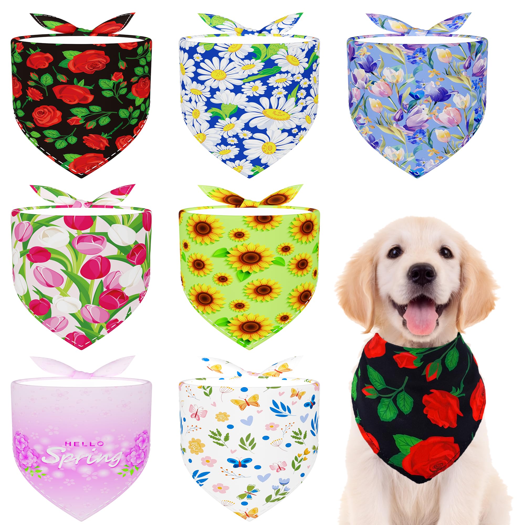Pai Sence 7 Pcs Spring Dog Bandanas For Small Medium Dogs Breed 25 Inch Summer Flowers Dog Bandana Adjustable Large Polyester Sc