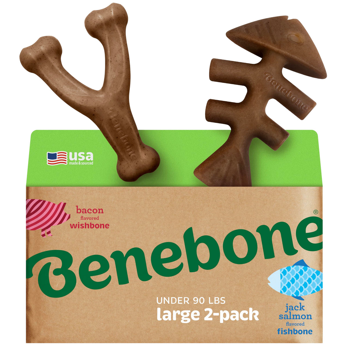 Benebone 2-Pack Fishbone/Wishbone Durable Dog Chew Toys, Real Fish, Real Bacon, Made In Usa, Large