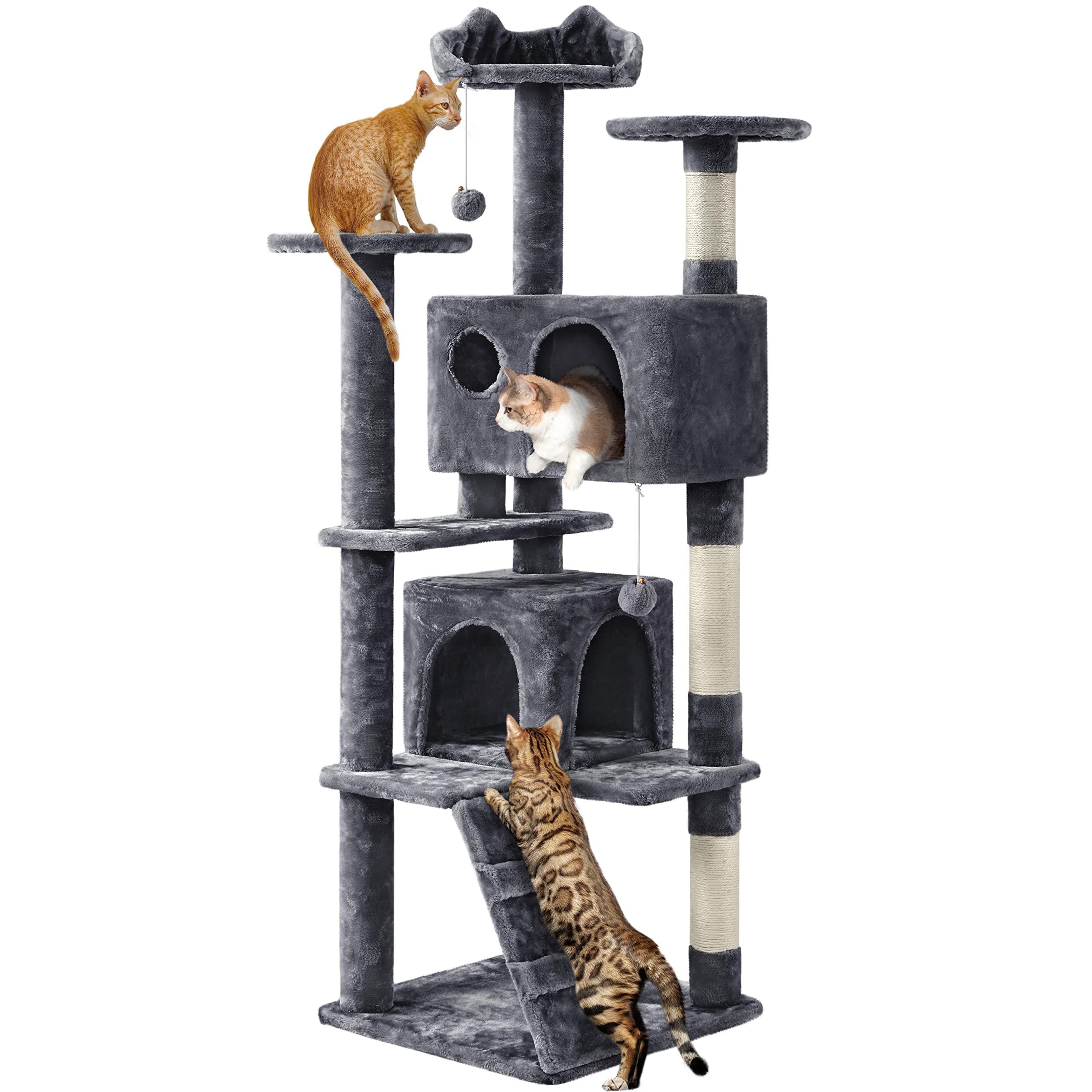 Yaheetech Cat Tree Tower, Multi-Level Large Plush Condo Cat Furniture With Sisal Scratching Posts And 2 Danglinge Balls Gray