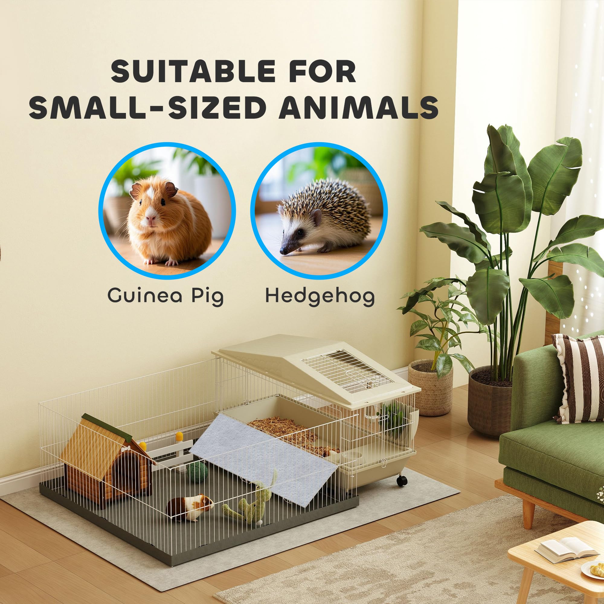 PawHut Small Animal Cage, Guinea Pig Cage with Removable Pet Playpen, Waterproof Pad, Food Dish, Water Bottle, Hay Feeder, Soft-