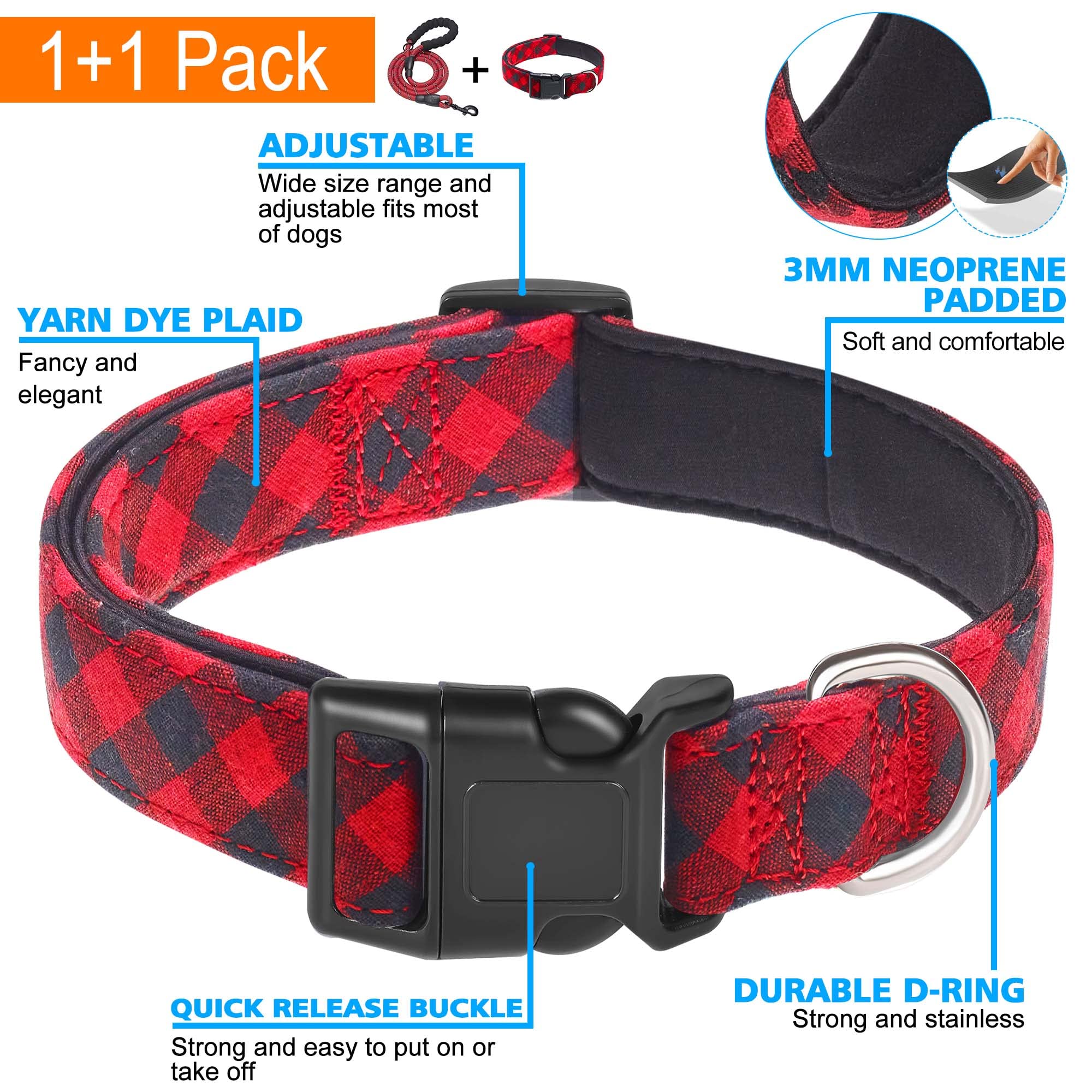 Ladoogo Reflective Dog Collar Padded With Soft Neoprene Breathable Adjustable Nylon Dog Collars For Small Medium Large Dogs (Small (Pack Of 1), Red Plaid Collar+Leash)