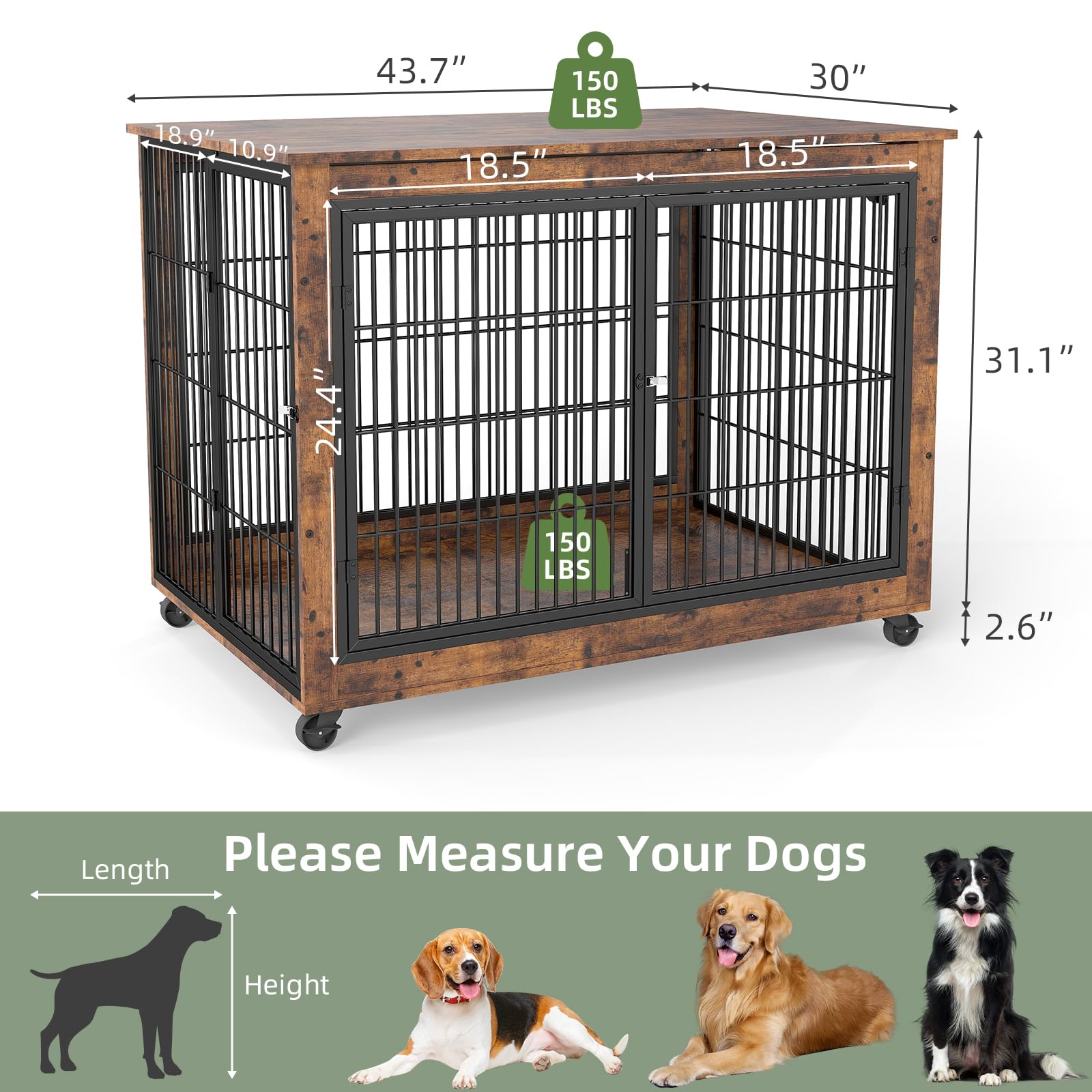 Yafylly 43 Movable Extra Large Dog Crate, Wooden Furniture Dog Crate with Top Access for Teasing/Feeding, 4 Rotating Wheels, Hea