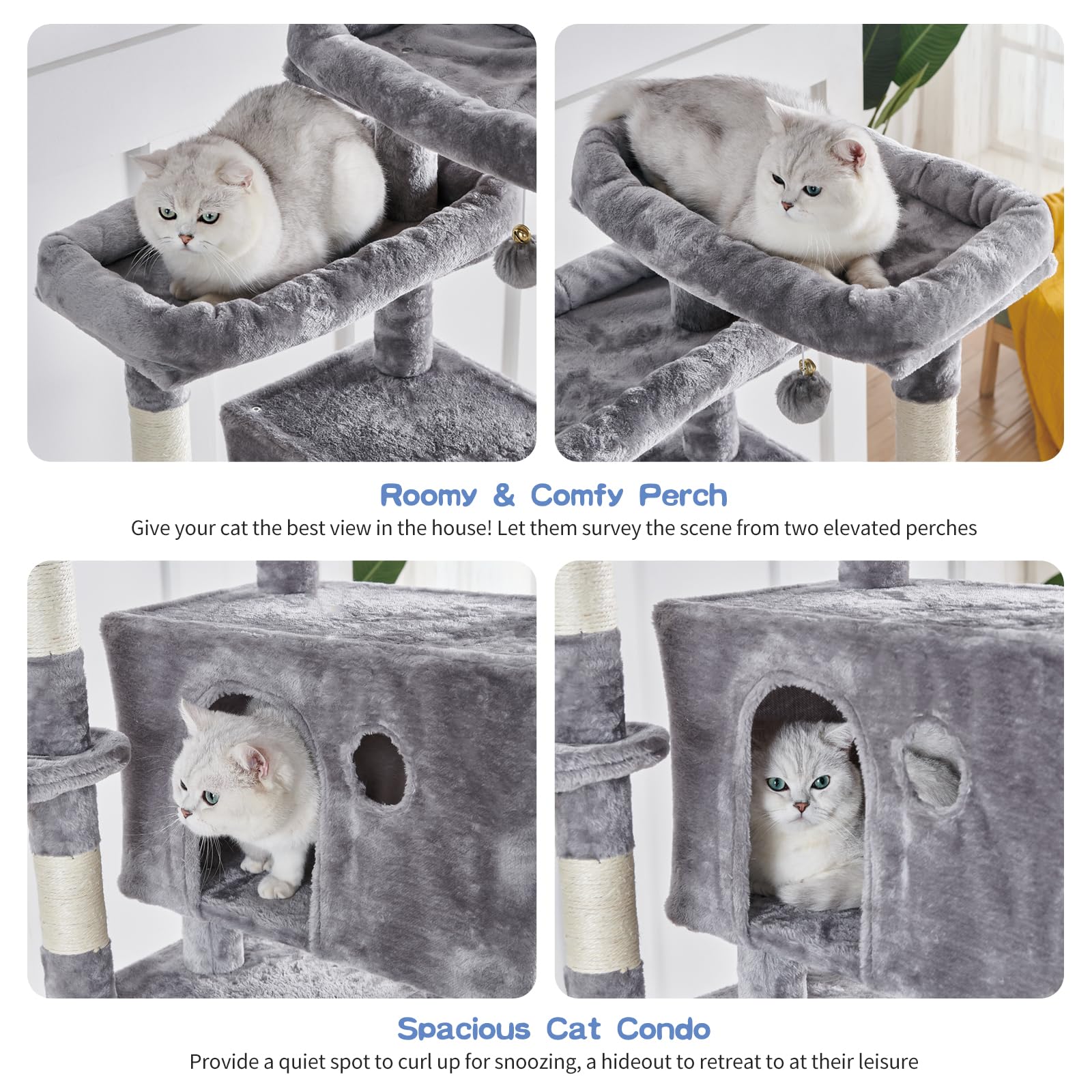 Cat Tree For Indoor Cats Large Adult, 66.9 Inches Multi-Level Tall Cat Tower With Sisal Scratching Posts, Large Plush Perches, S