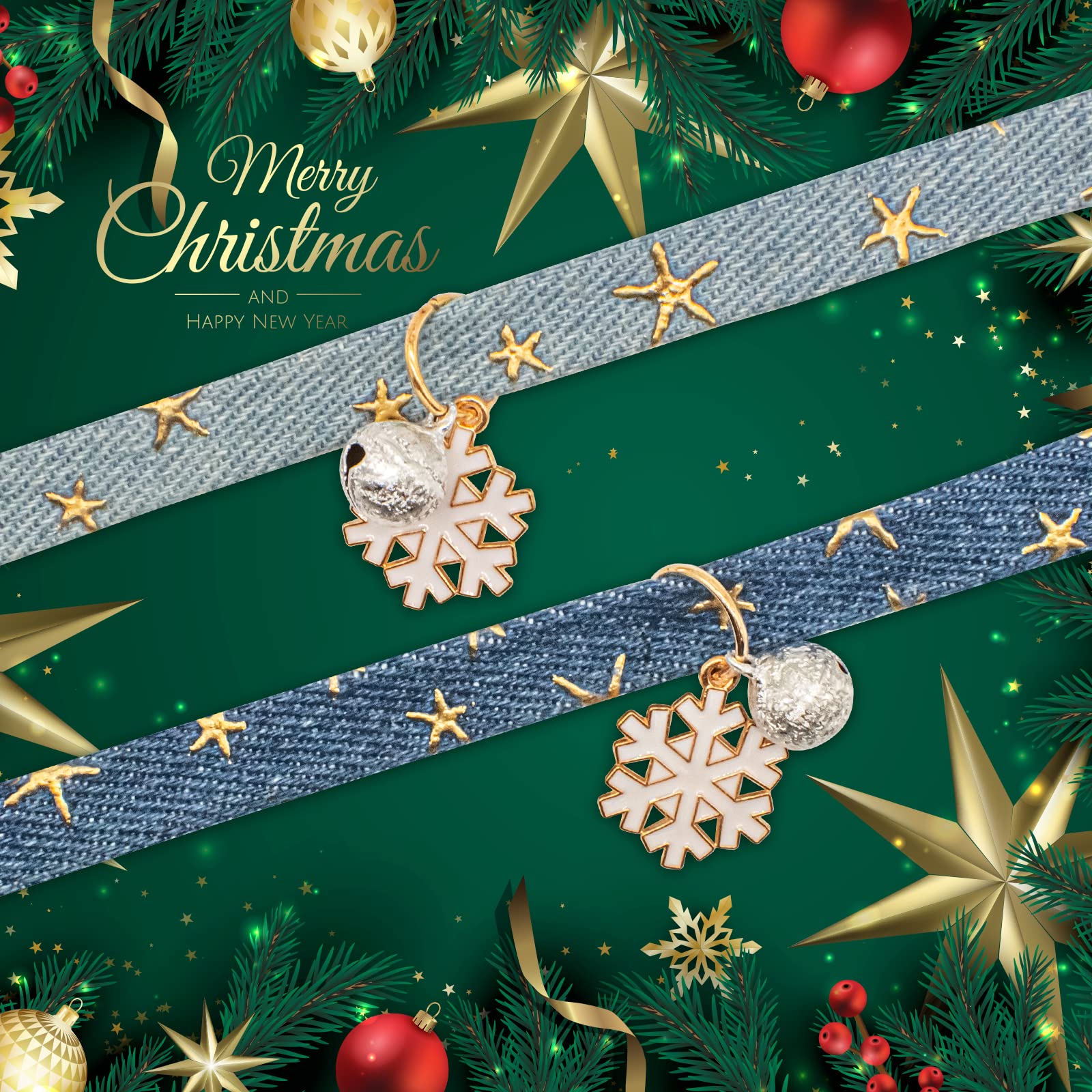 2 Pack Cotton Breakaway Cat Collar With Bell,Dark Blue & Light Blue White Snowflake Pendant Cute Cat Collar Kitten Collar,Ideal