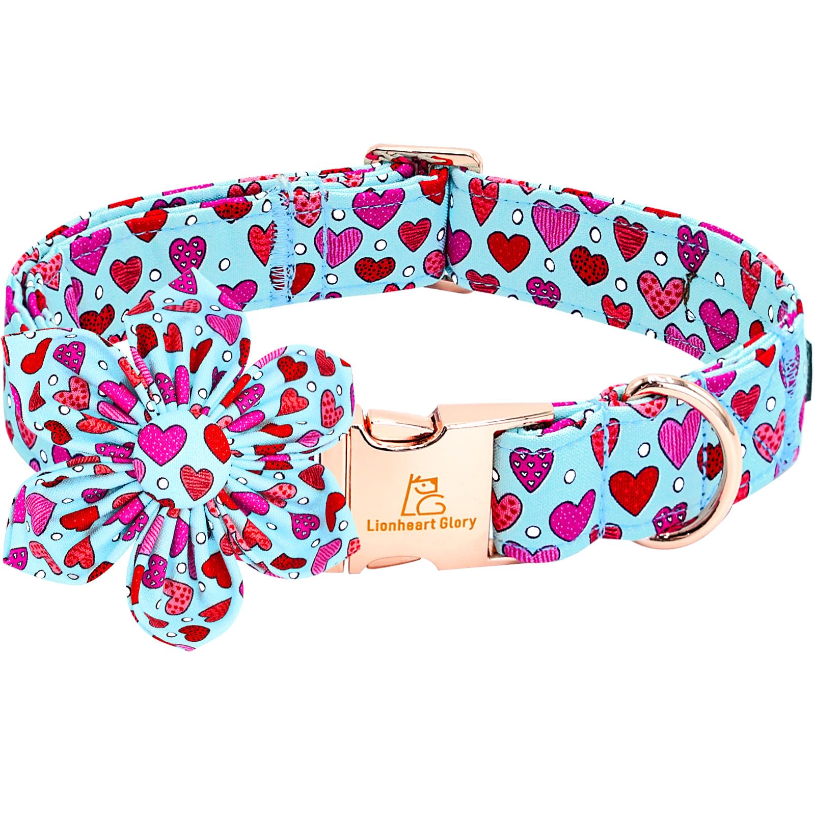 Lionheart Glory Valentine Dog Collar-Red Hearts Print Dog Collar With Flower For Large Dogs Spring Blue Cute Dog Bow Collars Fem