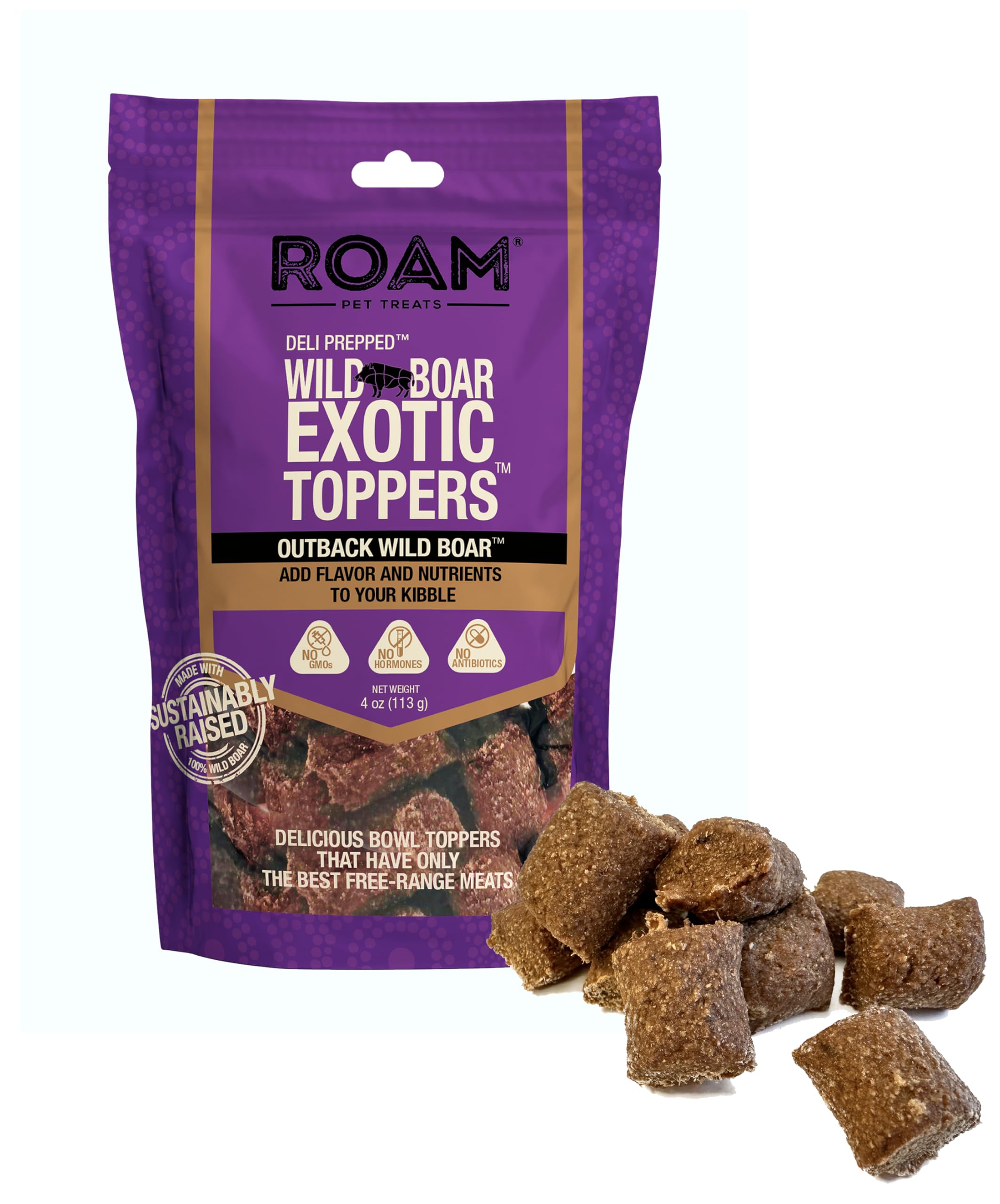ROAM Pet Treats Wild Boar Exotic Dog Topper - Single Protein, Sustainably Raised Wild Boar Meat Dog Food Topper - Non-GMO, 4 Oun