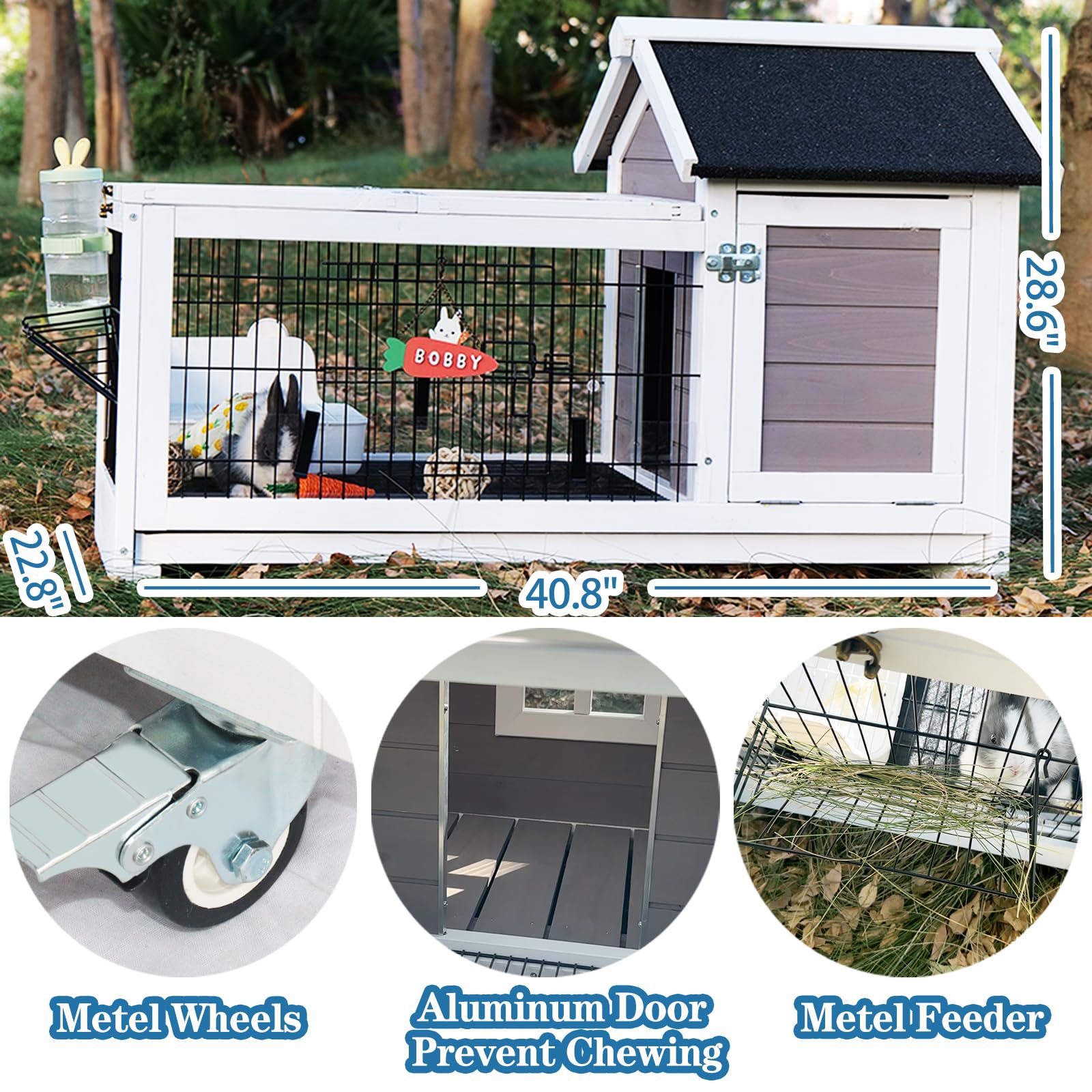 Funxplore Rabbit Hutch Indoor Outdoor Rabbit Cage Bunny Hutch With Casters, Urine Baffles Bottom Wire Floor Leakproof Tray Metal