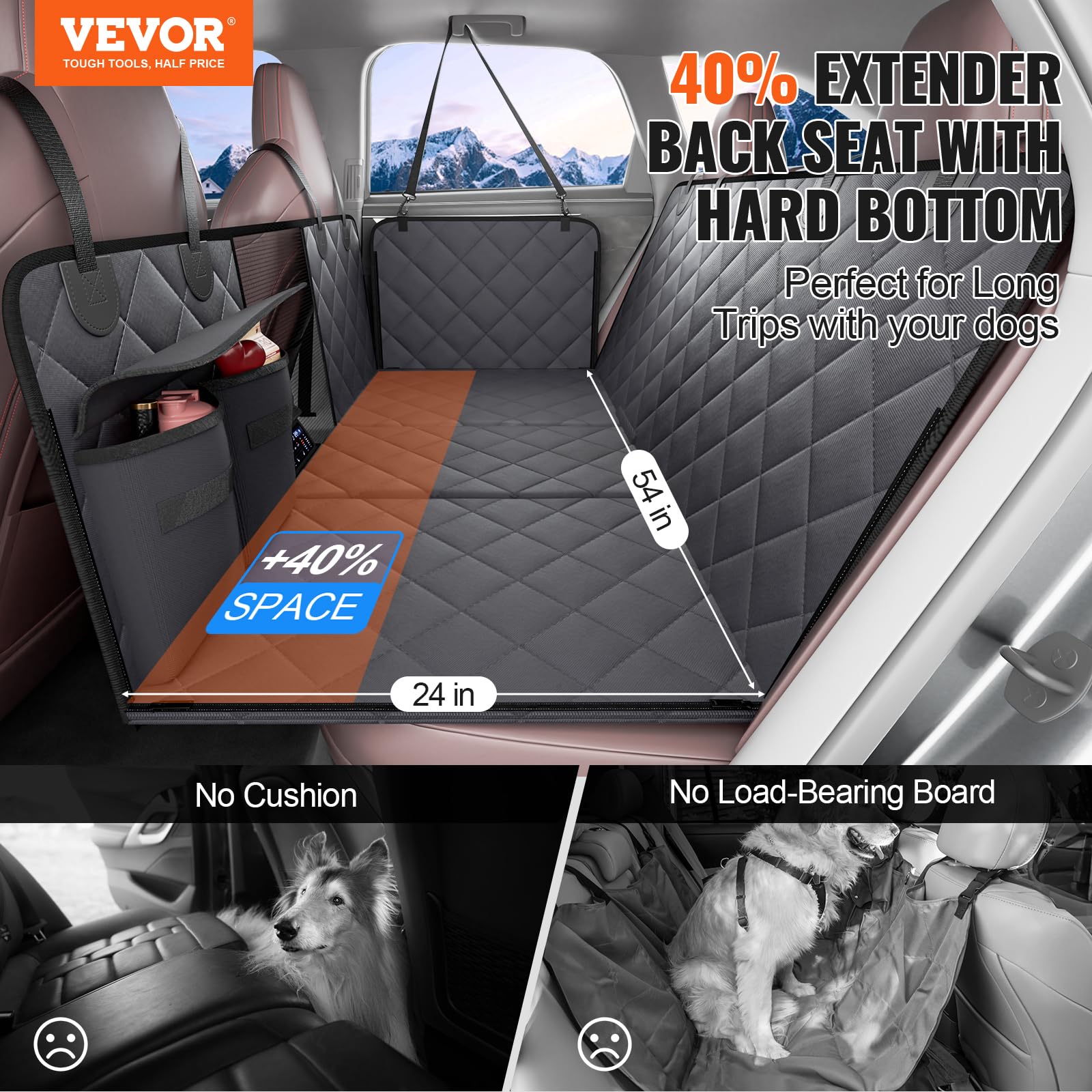 VEVOR Back Seat Extender for Dogs,Heavy Duty Dog Car Seat Cover for Back Seat,Waterproof Hard Bottom Car Seat Cover for Dogs Sup