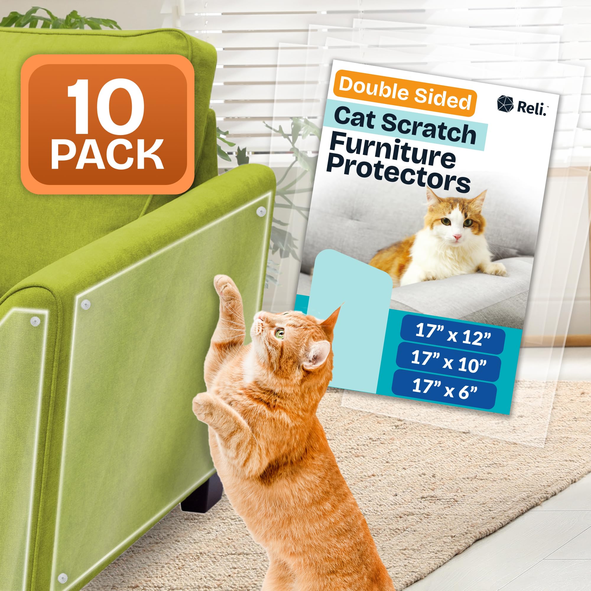 Reli. Cat Scratch Furniture Protector (10 Pack, Double Sided), Combo Pack | Cat Couch Protector From Claws/Clear Anti Scratch Fu