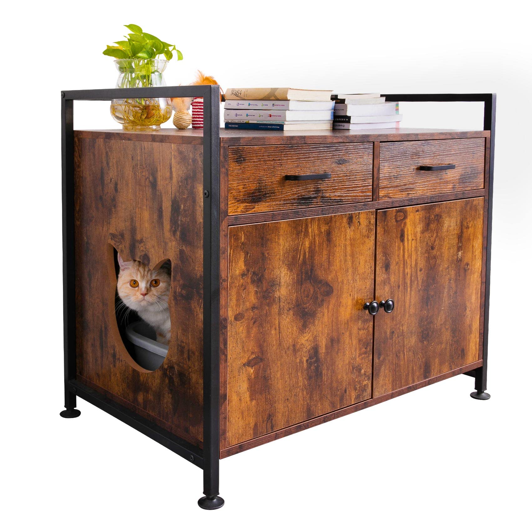 Tengchang Large Cat Litter Box Enclosure Cabinet, Hidden Cat Washroom House Box Pet Cates With Double Drawers & Doors