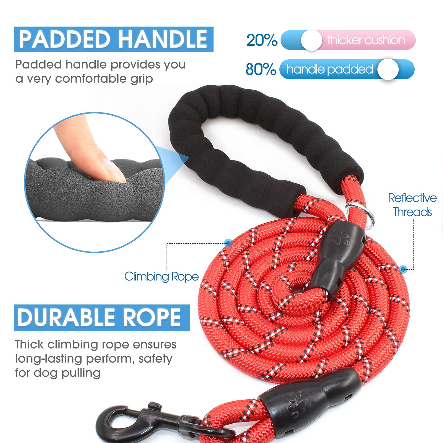 Baapet 2/4/5/6 Ft Dog Leash With Comfortable Padded Handle And Highly Reflective Threads For Small Medium And Large Dogs (4Ft-1/2'', Red)