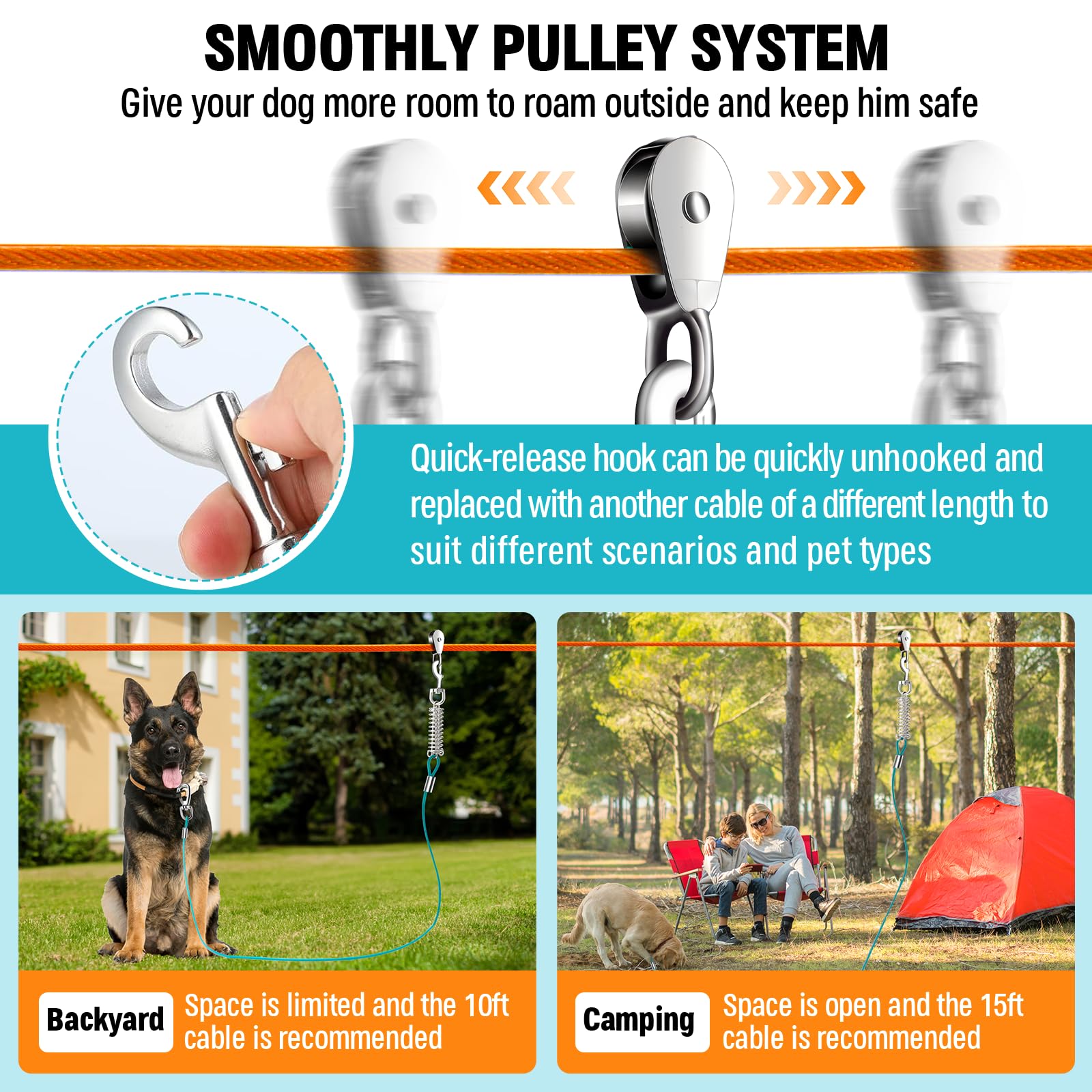 Upgraded Heavy Duty Dog Trolley System - 50Ft With 10Ft & 15Ft Tie Out Cable, Outdoor Lead For Large Dogs Up To 250Lbs, Long Lea