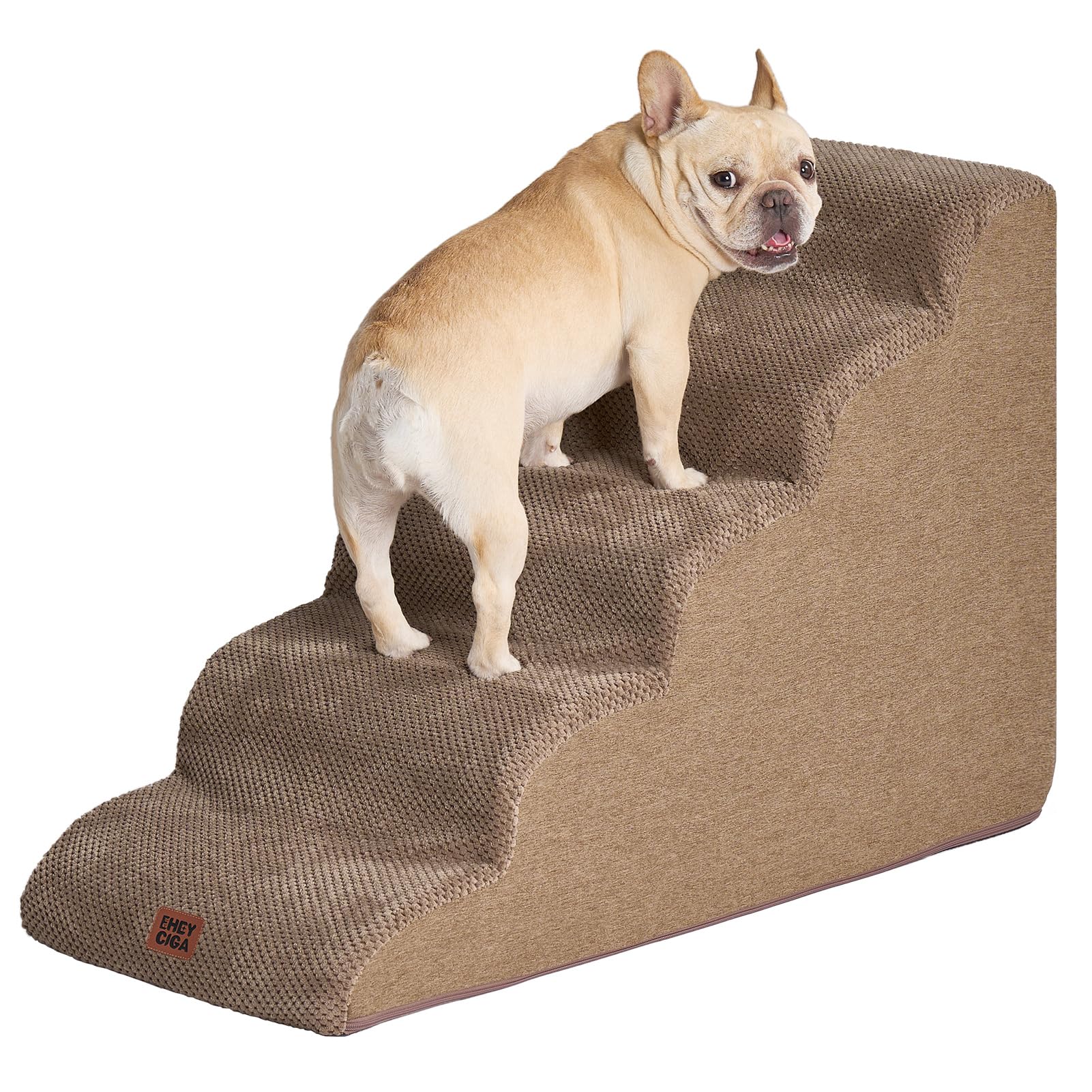 Eheyciga Curved Dog Stairs Ramp For High Beds 22.6' H, 5-Step Dog Steps For Small Dogs And Cats, Pet Stairs For High Bed Climbing, Non-Slip Balanced Pet Step Indoor, Camel