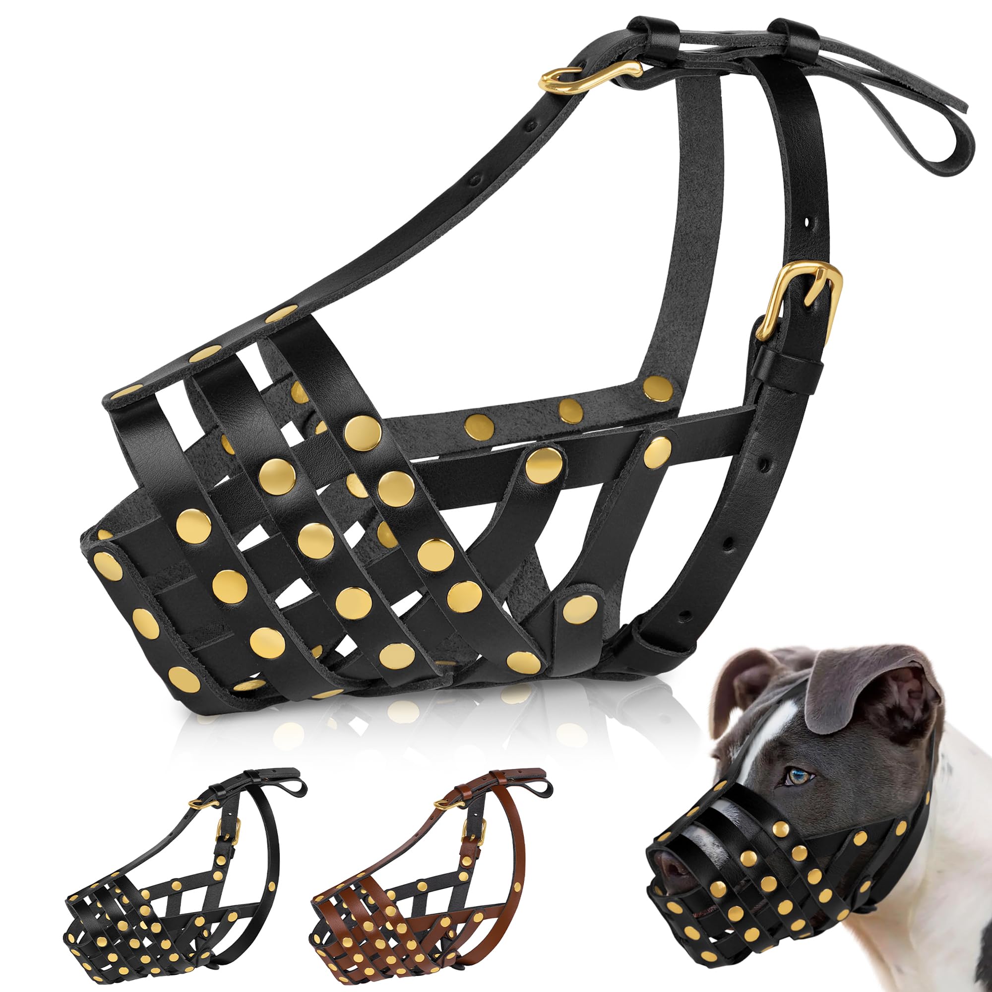 Oopsdoggy Pitbull Dog Muzzle For Large Dogs - Leather Breathable Secure Basket Muzzle For Medium Large Breeds Prevents Biting No