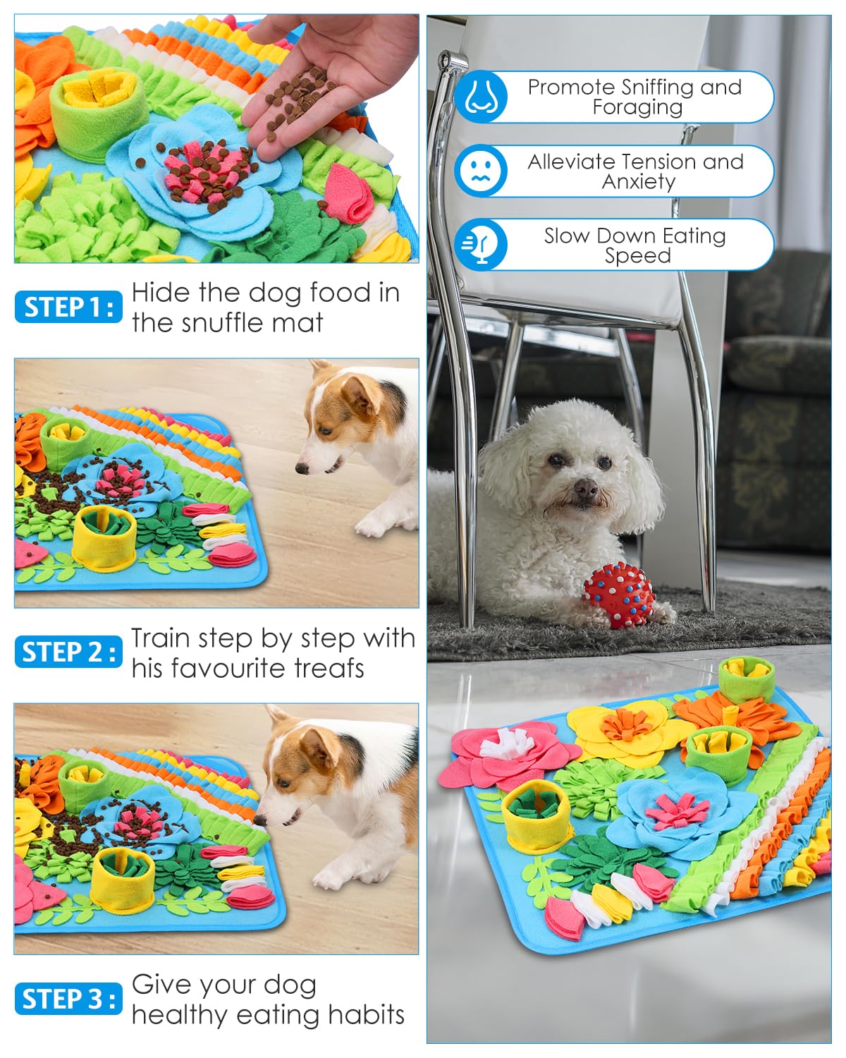 Snuffle Mat For Dogs, 20'' X 20'' Interactive Sniff Mat Smell Training & Slow Eating For Mental Stimulation & Stress Relief, Enc