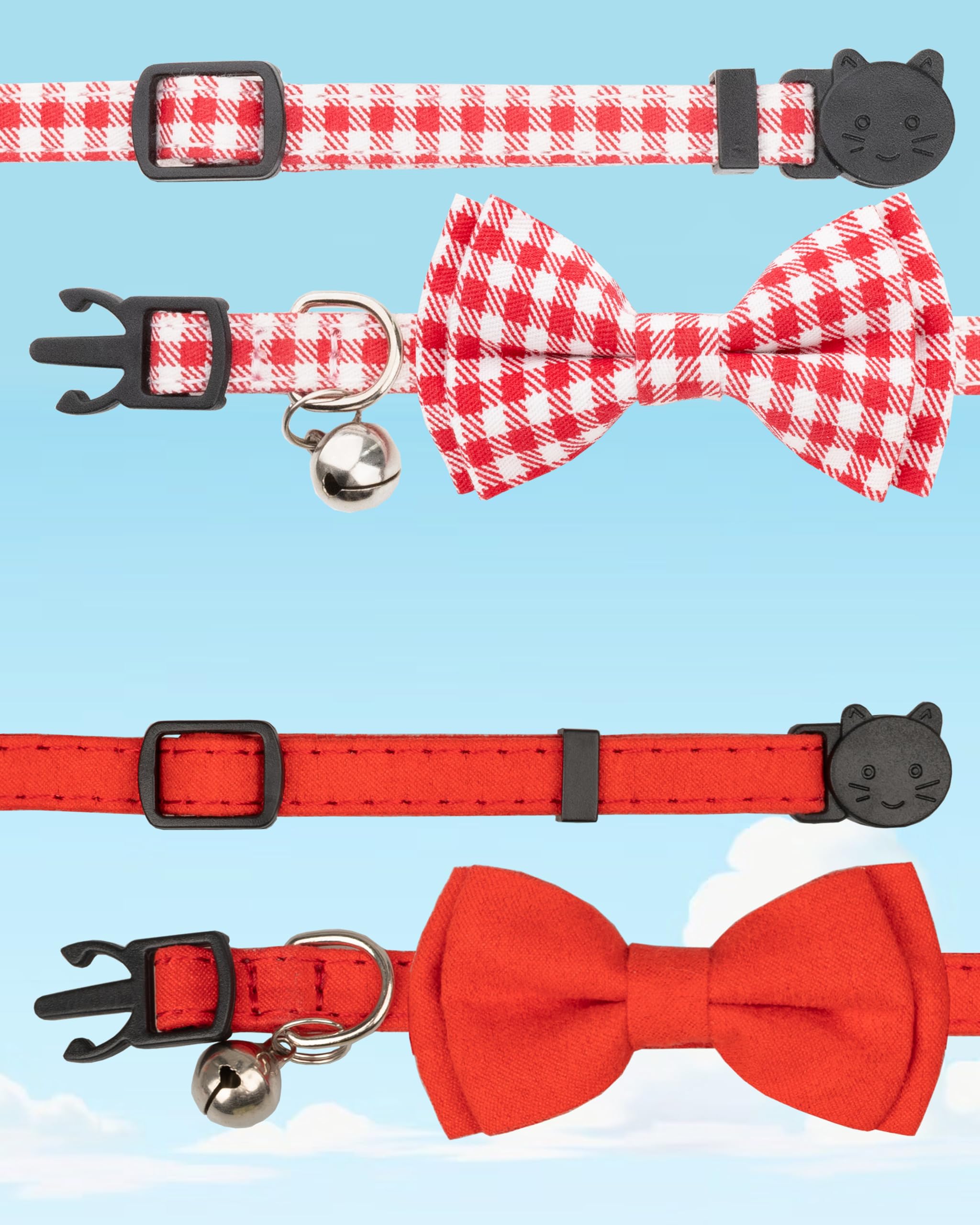 Gyapet Cat Collar Breakaway With Bell Boy Girl Kitten Bow Tie Safety Plaid Solid Color Set Cute Soft Summer [2Pcs] Red