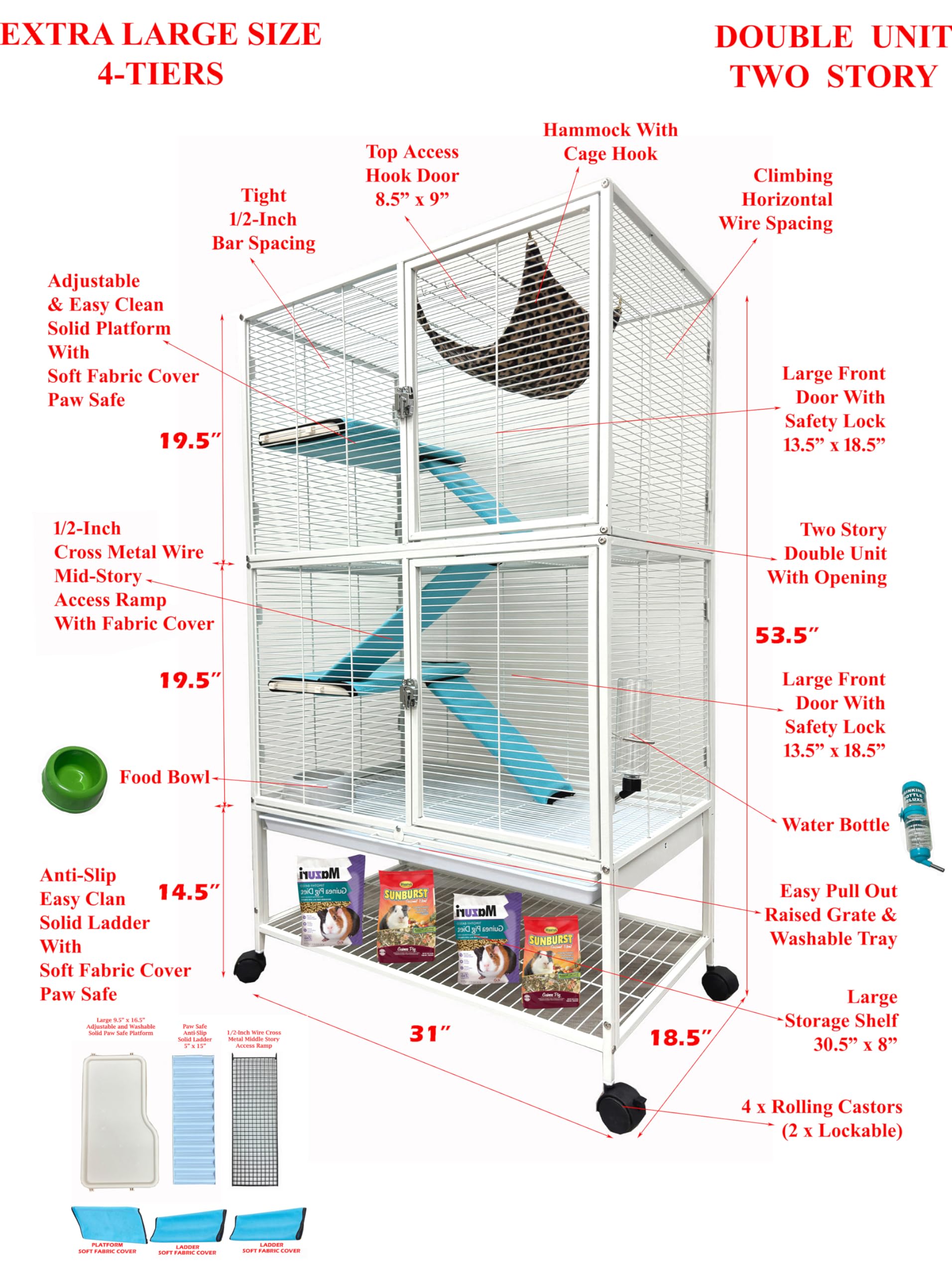 X-Large 31''X18.5''X53.5''H Deluxe Double Unit 4-Tiers Tight 1/2-Inch Bar Spacing Double Large Front Doors Feisty Ferret Squirre