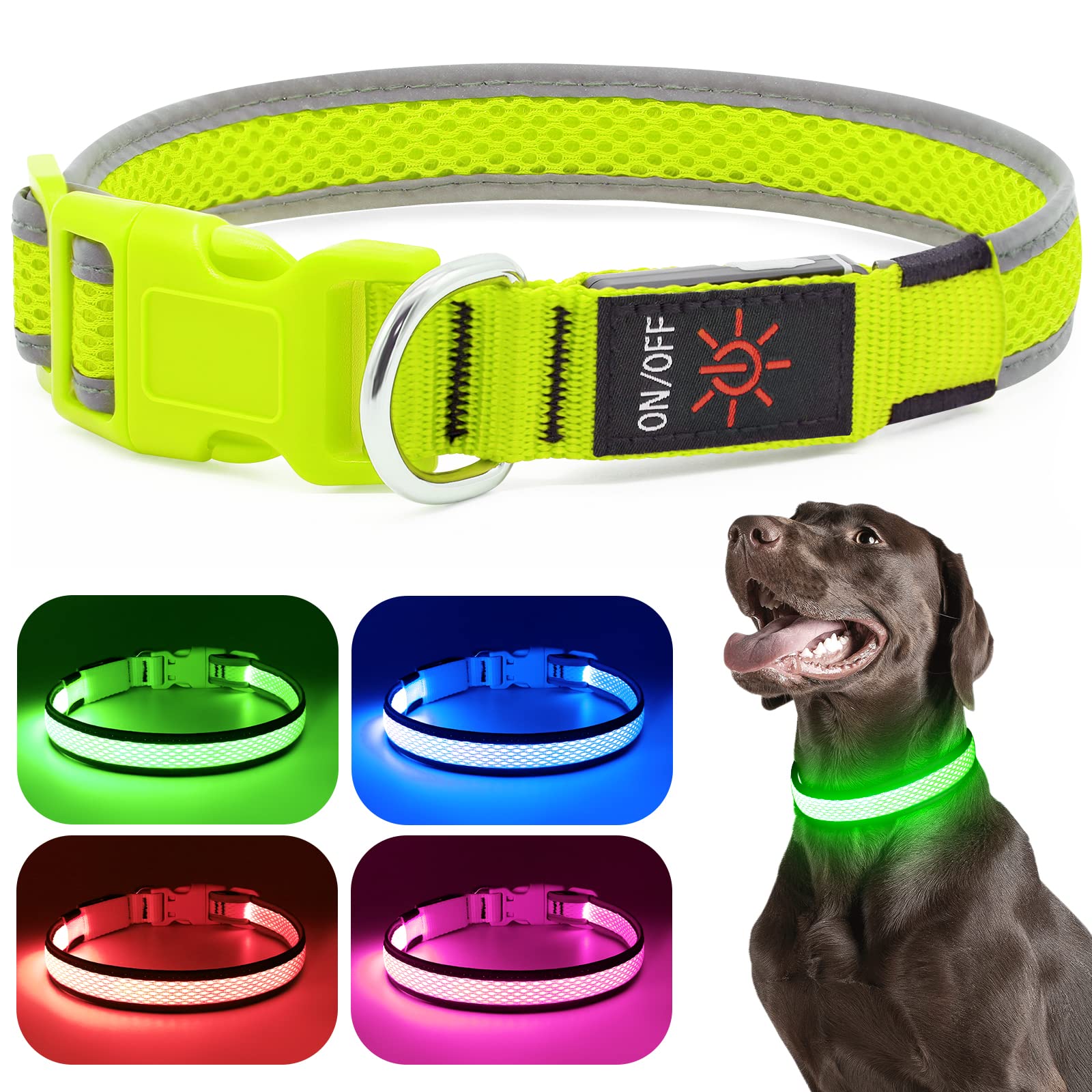 Flashseen Led Dog Collar,Usb Rechargeable Light Up Dog Collar Lights,Adjustable Comfortable Soft Mesh Safety Dog Collar For Small, Medium, Large Dogs(Small, Neon Green)
