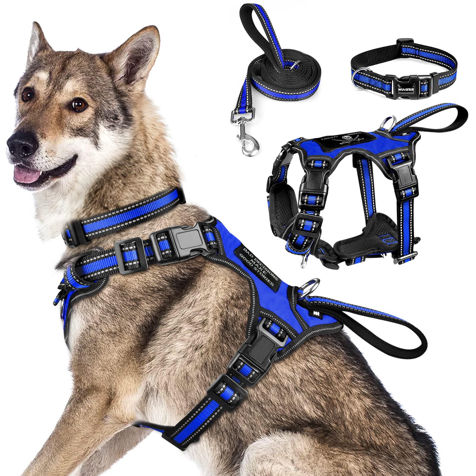 Winsee All-In-One Reflective Dog Harness, Collar & Leash Set, No Pull With Adjustable Buckles, X-Large, Dark Blue