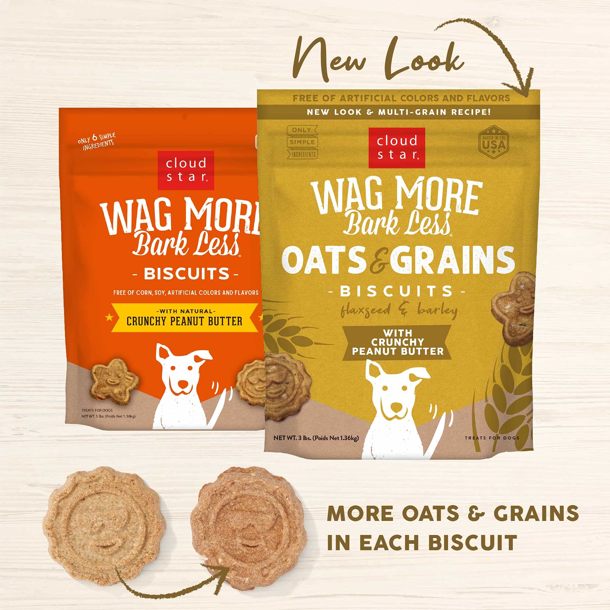 Cloud Star Wag More Bark Less Oats & Grains Crunchy Dog Treats, Peanut Butter, 3 lbs. Pouch