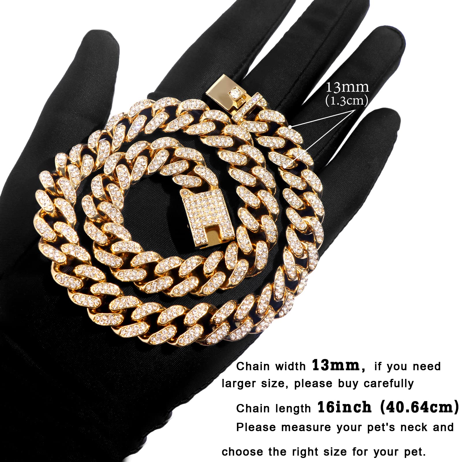 Flatfoosie Cuban Link Dog Collar Gold Silver Color Metal Chain Diamond Pet Collars For Dogs Cats Jewelry 8/10/14/16/18/20/24/28