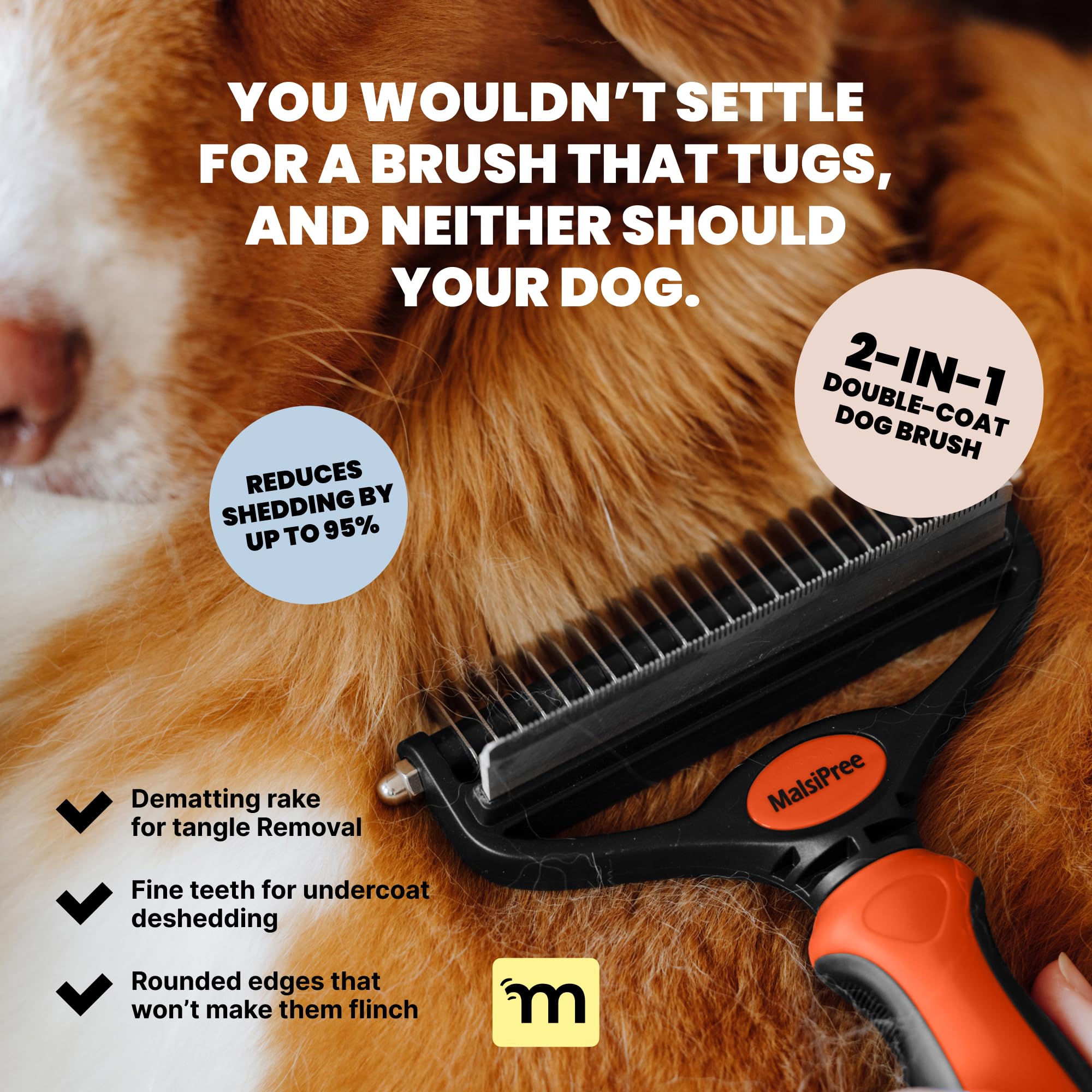MalsiPree Dog Brush for Shedding - 2 in 1 Undercoat Rake Deshedding Tool for Medium to Large Double-Coated Dog Grooming - Pet De