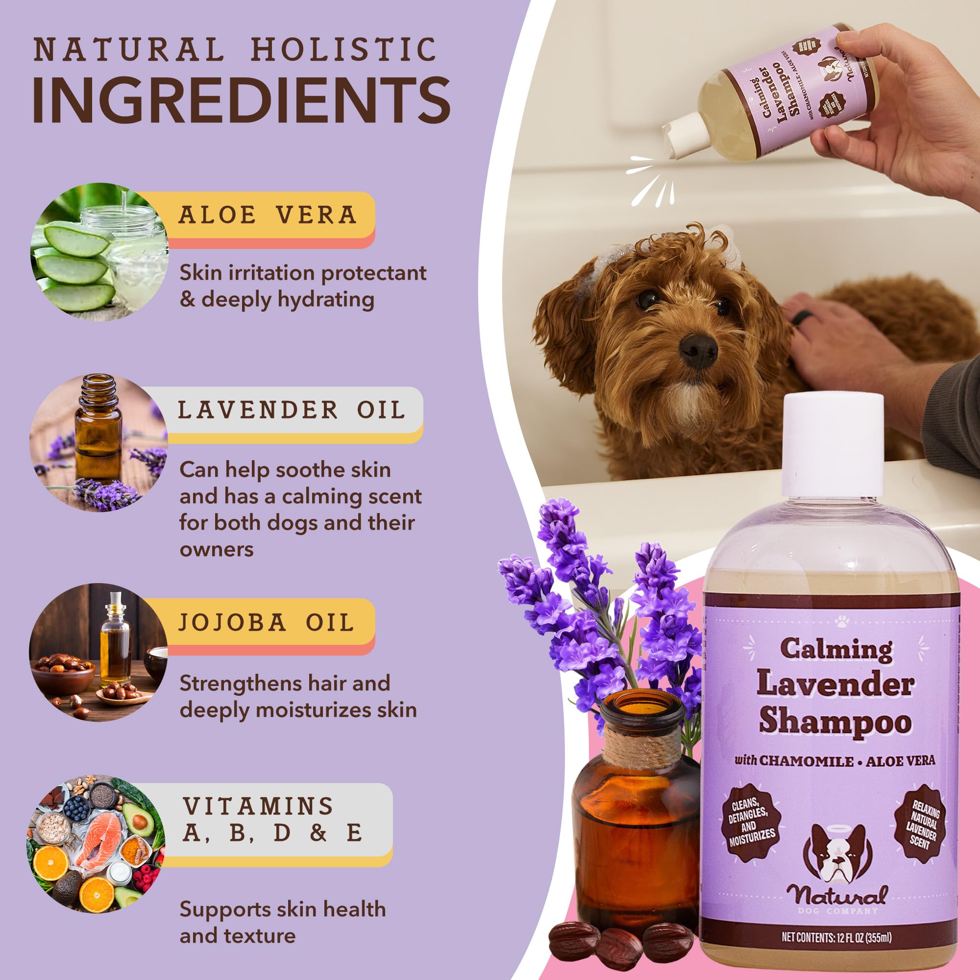 Natural Dog Company Calming Lavender Shampoo For Dogs - Hypoallergenic, Deodorizing Dog Shampoo For Sensitive Skin, All Natural, Organic Pet Shampoo, Soothes With Chamomile And Lavender, 12 Oz