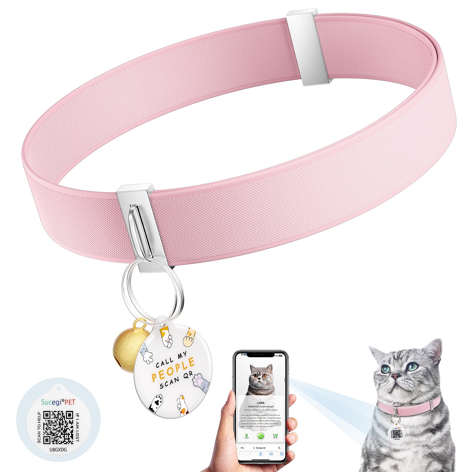 Cat Collar With Bell, Stretch Elastic Quick Release, Modifiable Pet Online Profile Page, Multiple Emergency Contact, Non Breakaw