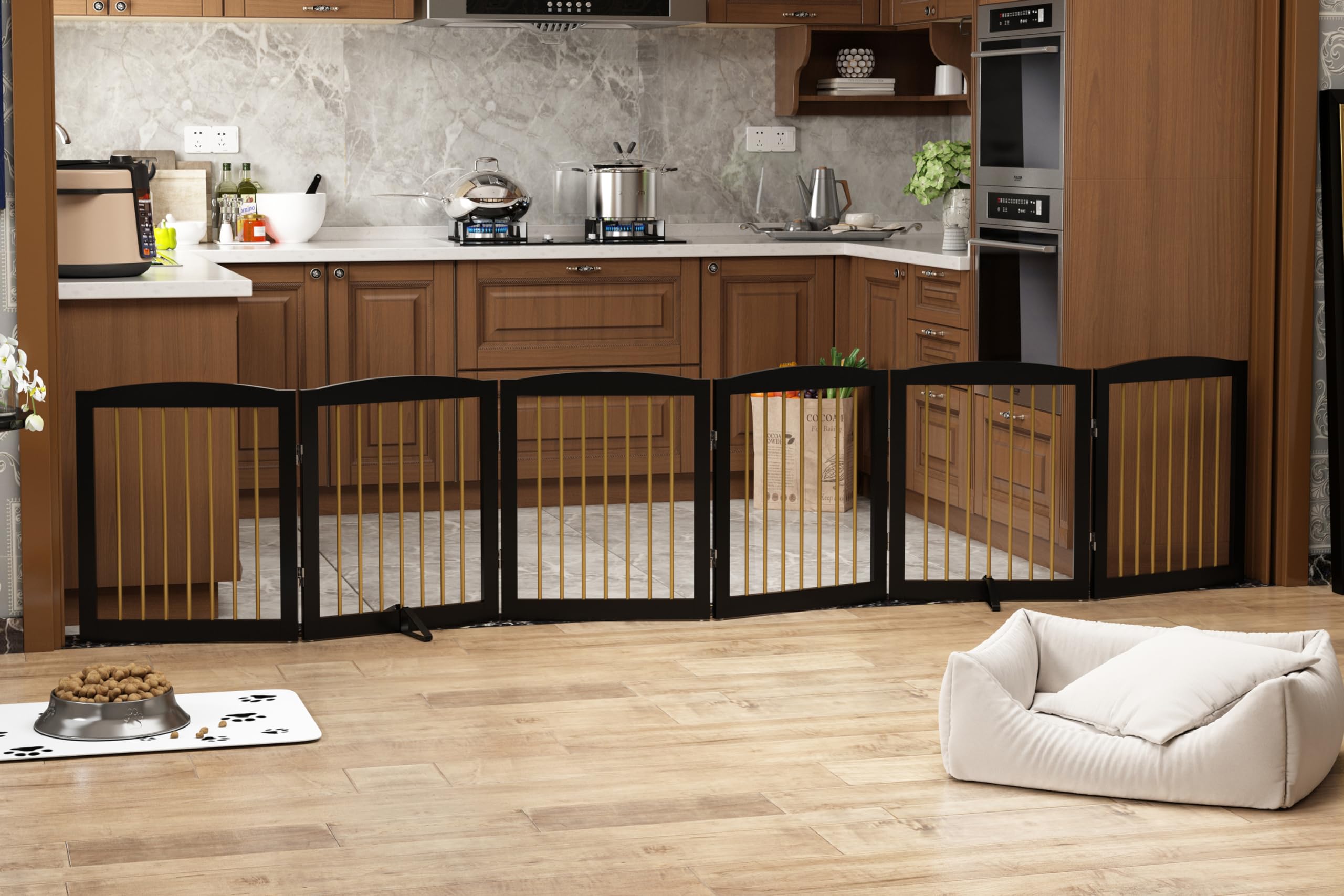PUPETPO Freestanding Pet Gate for Dogs, Foldable Wooden Dog Gate for House, Extra Wide Indoor Pet Barrier for Stair, Doorway, Ha