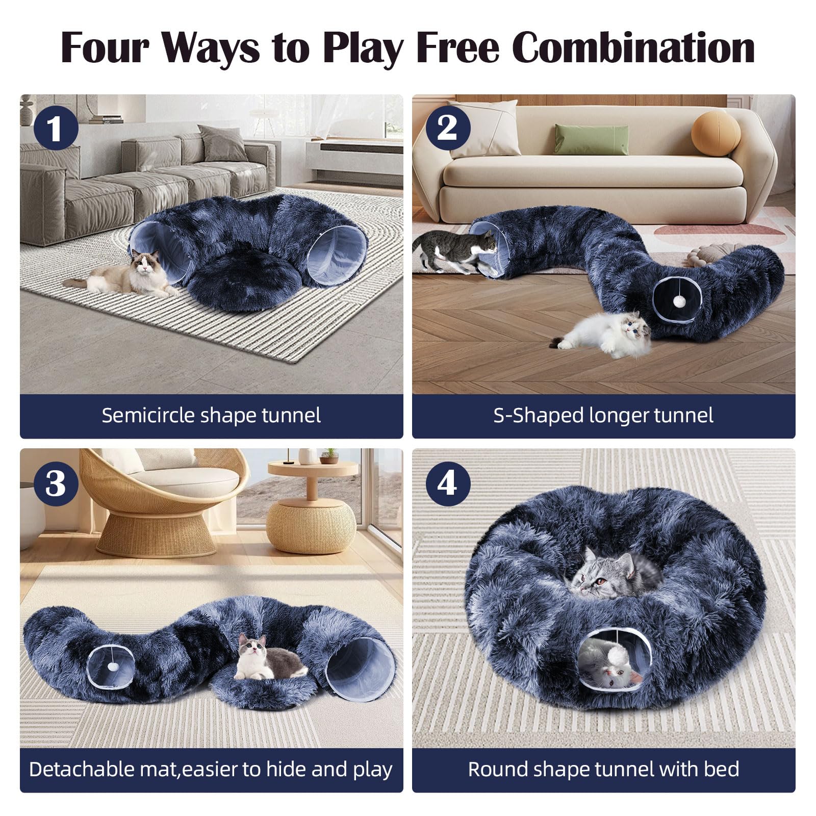 Odoland Cat Tunnels For Indoor Cats With Fluffy Plush Central Cat Couch And 20 Cat Toys, Tunnel Bed For Cats With Hanging Ball,