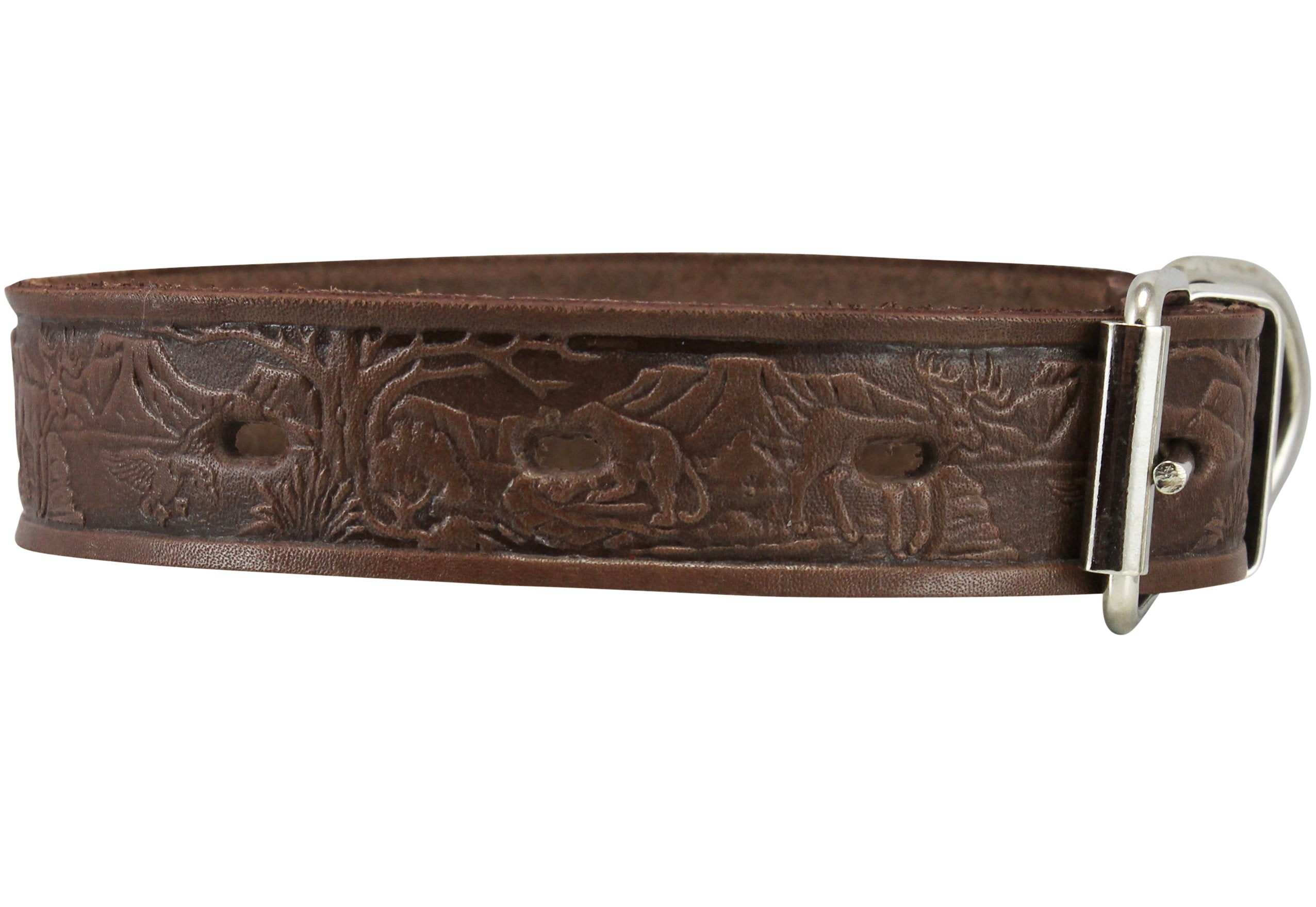 Genuine Tooled Leather Dog Collar Hunting Pattern Brown 3 Sizes (Neck Circumf: 10.5''-14''; 1'' Wide)